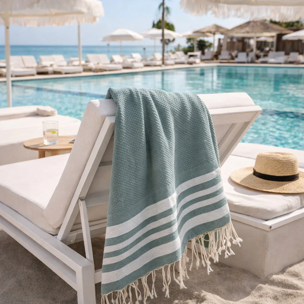 Fouta Nid D'Abeille - Coton - Vert Sauge / Argent - Hamptons - Image 4