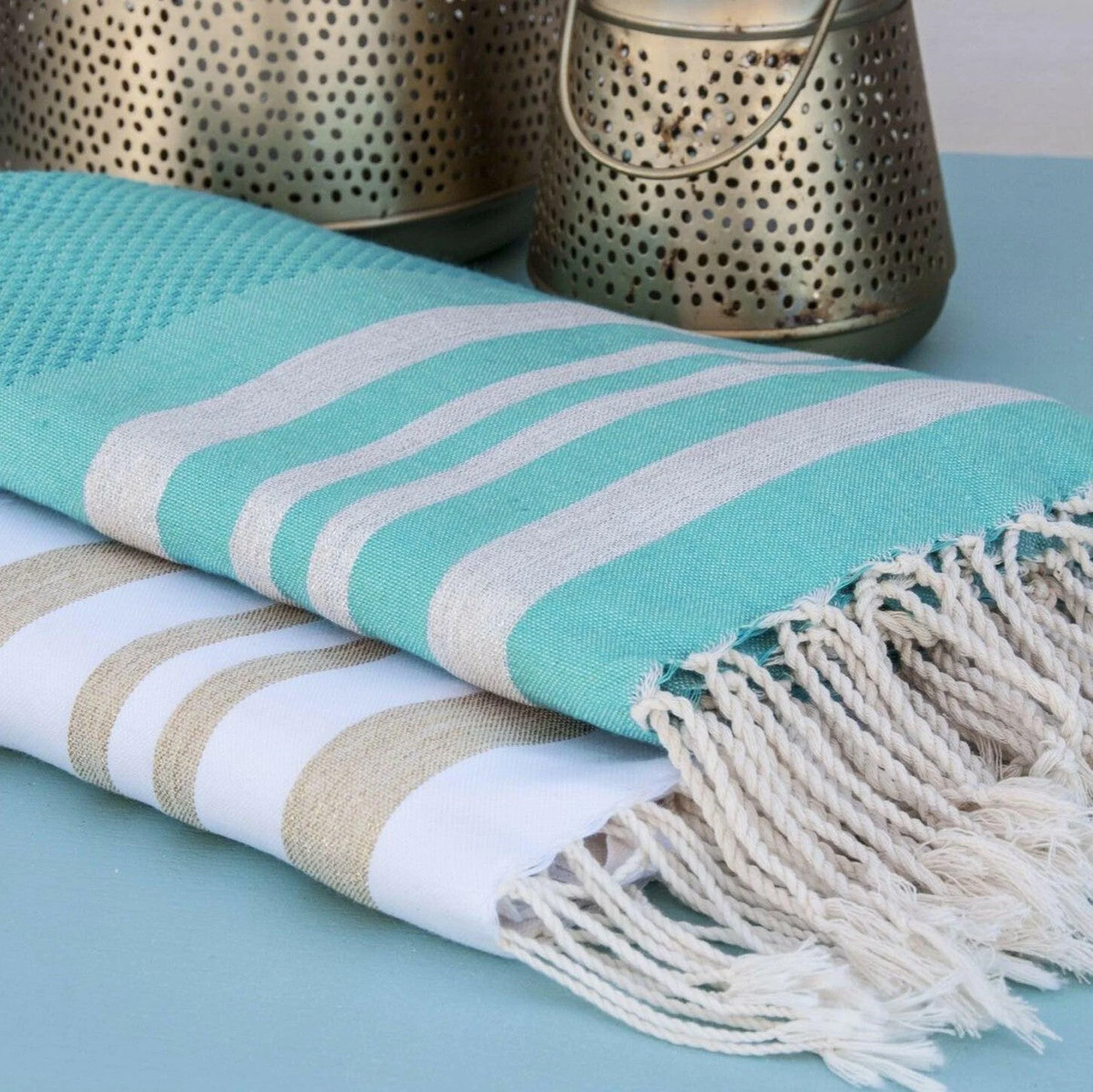 Fouta Nid D'Abeille - Coton - Vert Turquoise / Argent - Hamptons - Image 2