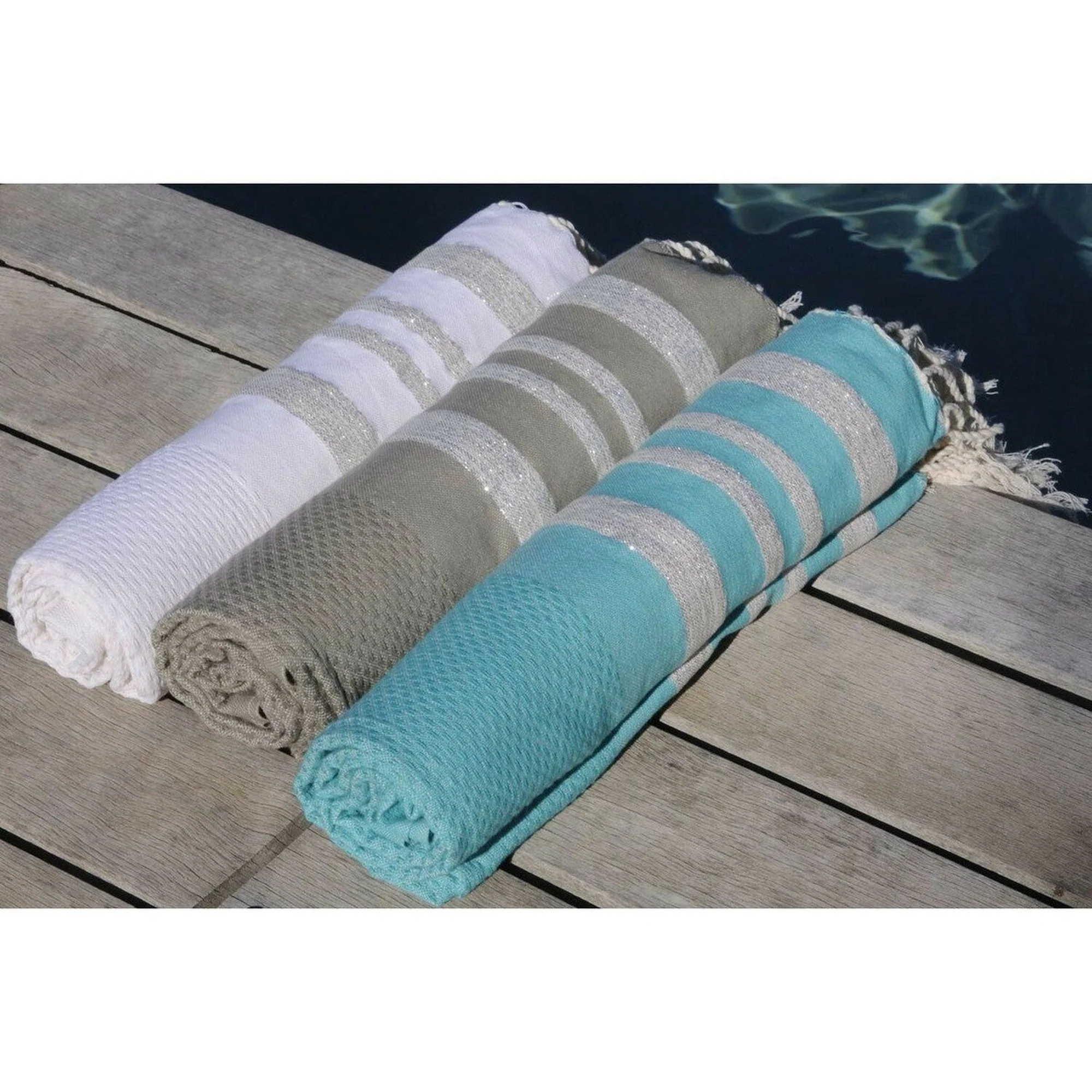 Fouta Nid D'Abeille - Coton - Vert Turquoise / Argent - Hamptons - Image 4