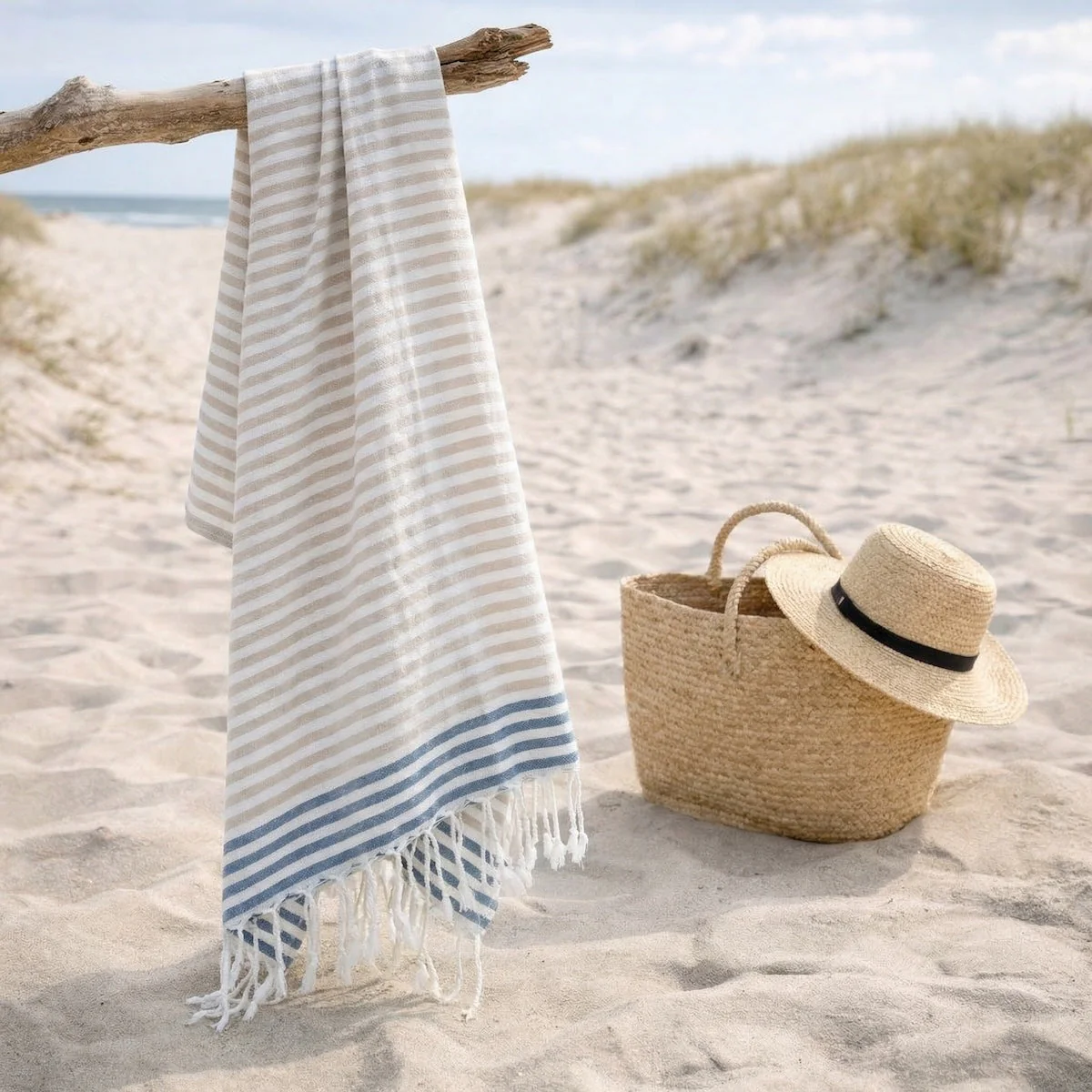 Fouta Paréo - Coton - Beige / Bleu Jean - Bora Bora - Image 2