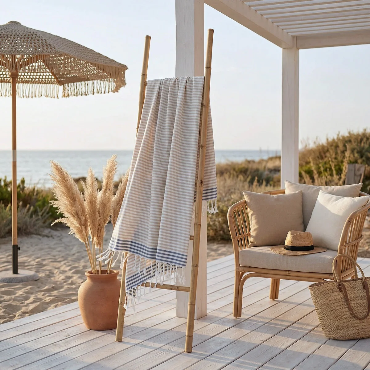 Fouta Paréo - Coton - Beige / Bleu Jean - Bora Bora - Image 3
