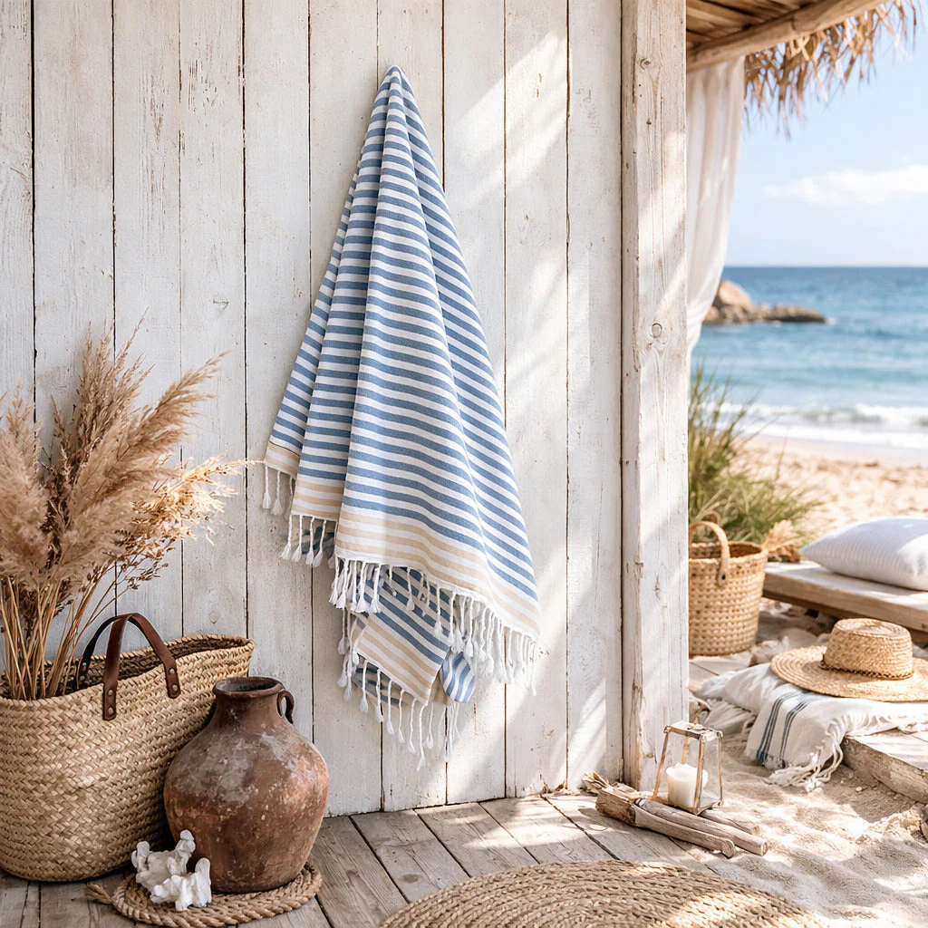 Fouta Paréo - Coton - Bleu Orage / Beige - Bora Bora - Image 3