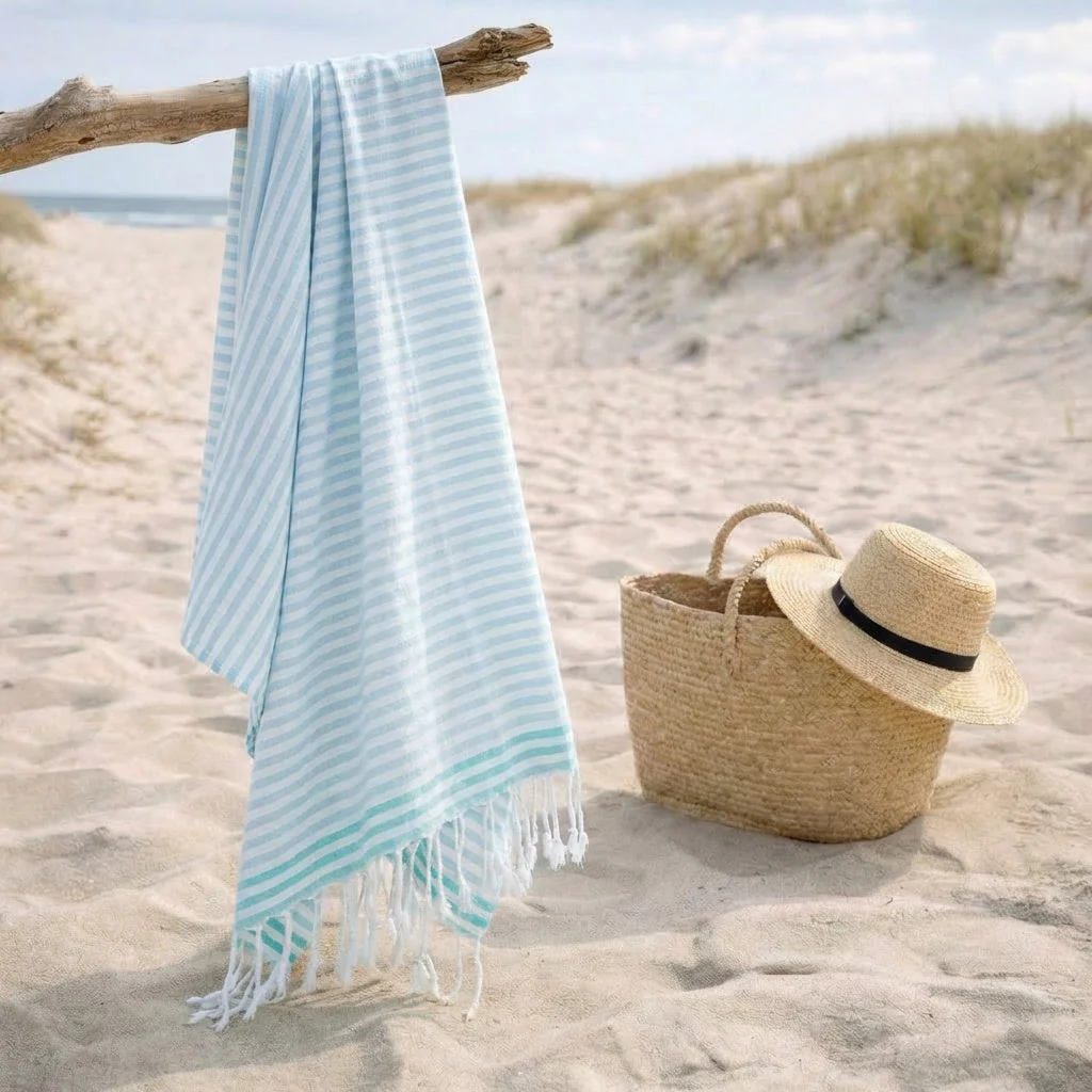 Fouta Paréo - Coton - Bleu Pâle / Vert Turquoise - Bora Bora - Image 2