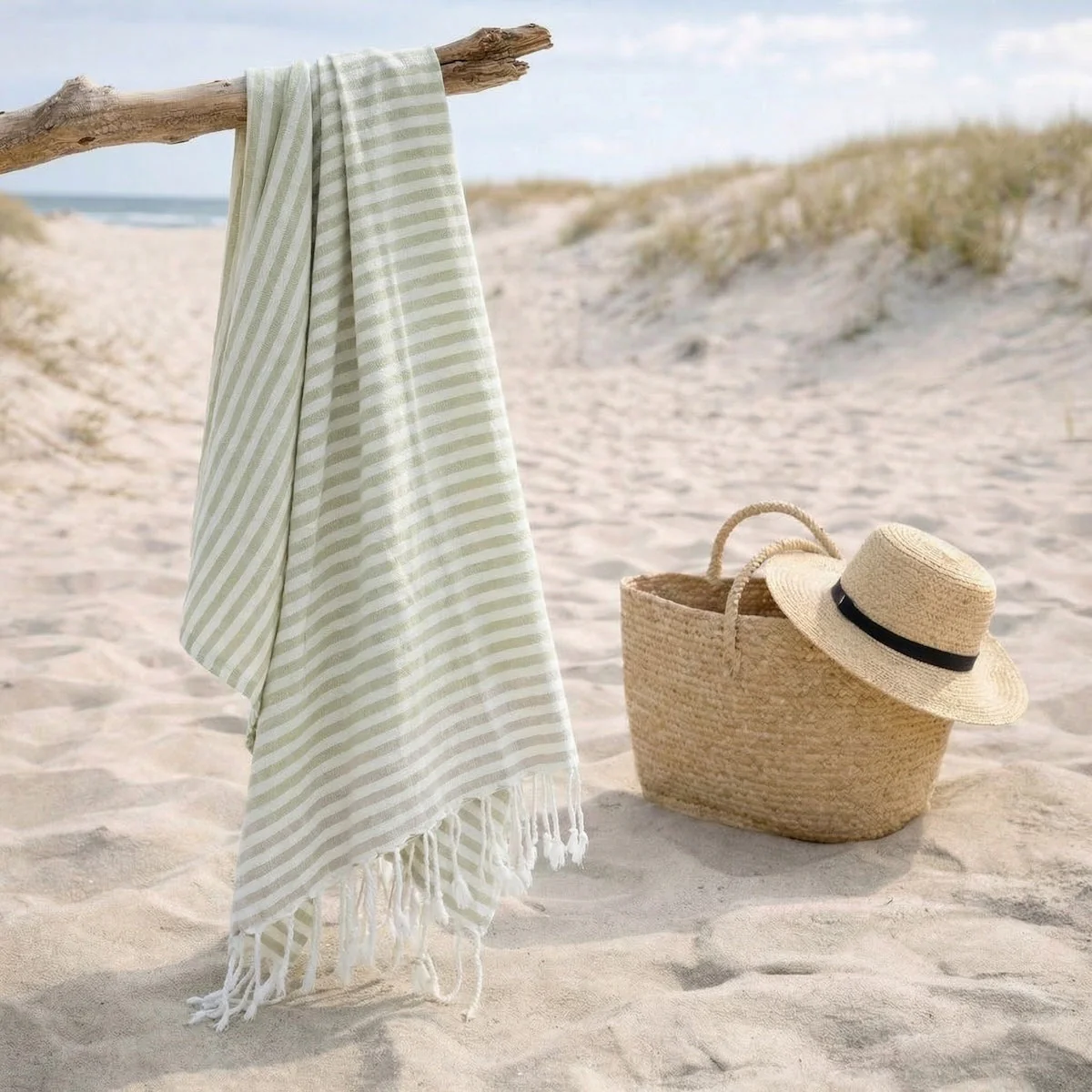Fouta Paréo - Coton - Vert Amande / Taupe Clair - Bora Bora - Image 2