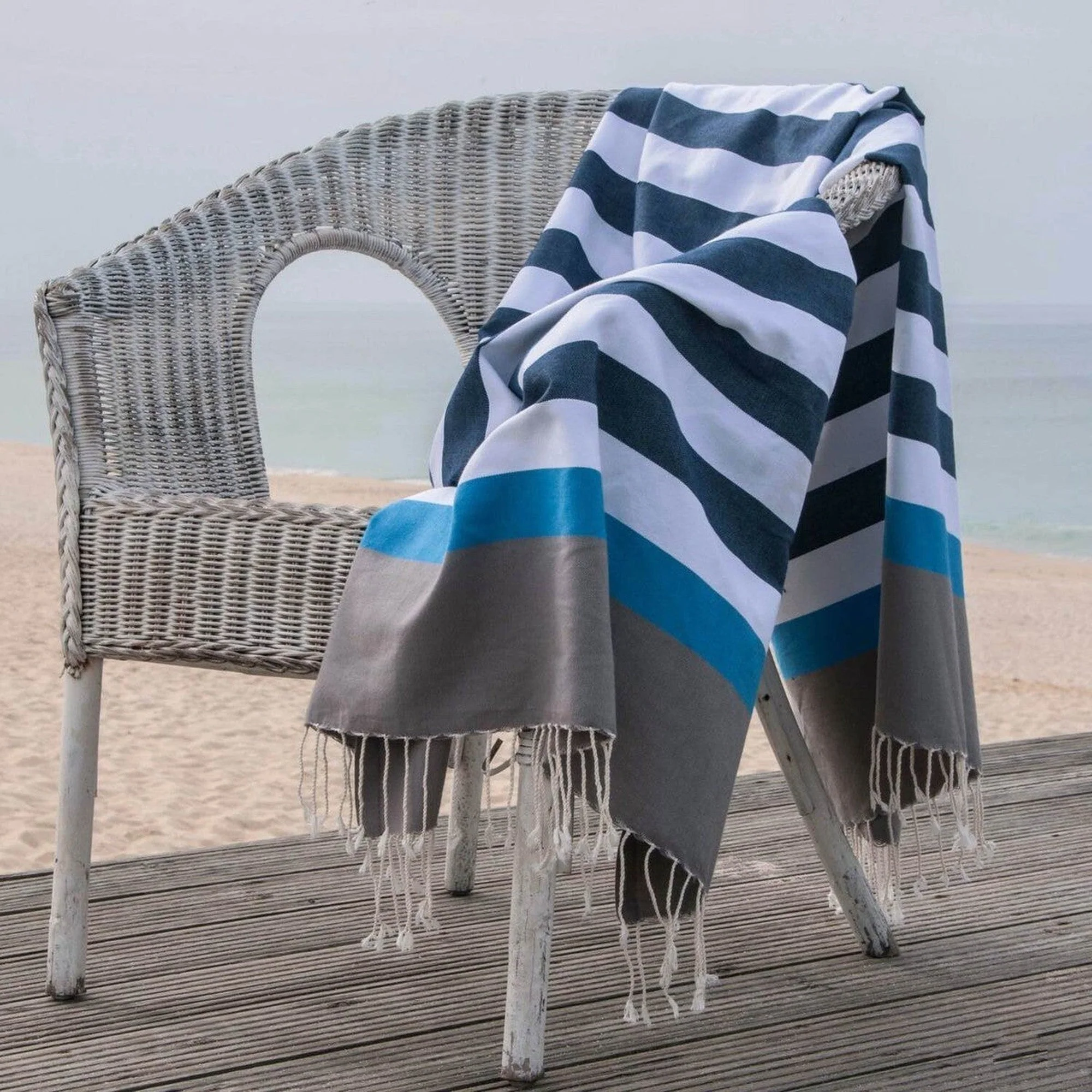 Fouta Tricolore - Coton - Bleu Jean / Bleu Azur - Arcachon - Image 2