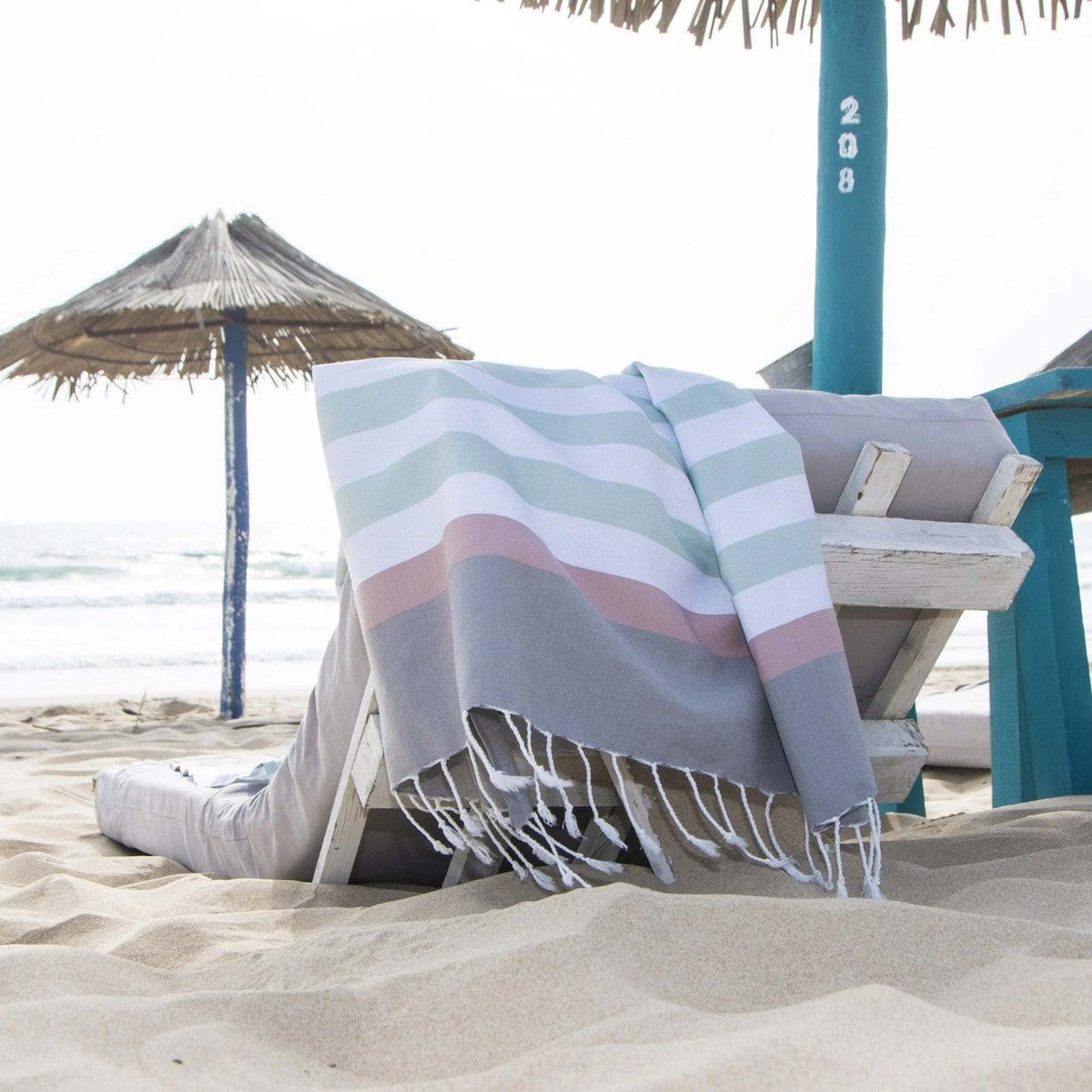 Fouta Tricolore - Coton - Eau De Nil / Rose Pale - Arcachon - Image 2