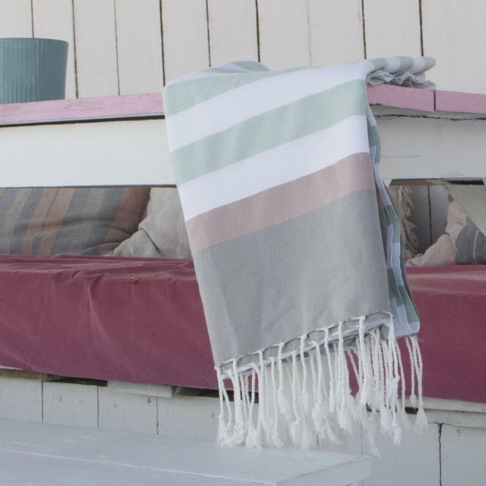 Fouta Tricolore - Coton - Eau De Nil / Rose Pale - Arcachon - Image 5