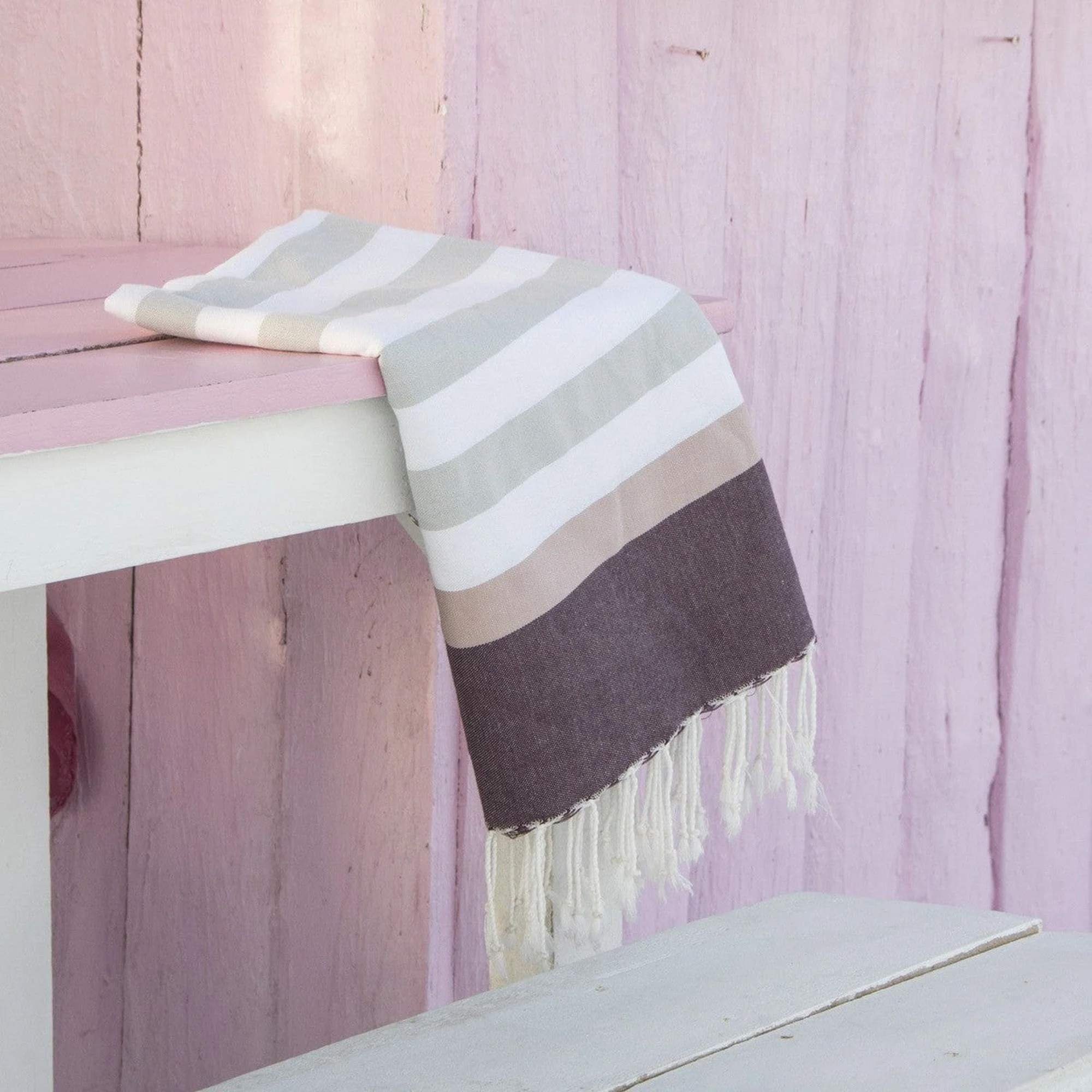 Fouta Tricolore - Coton - Gris / Rose / Prune - Arcachon - Image 2