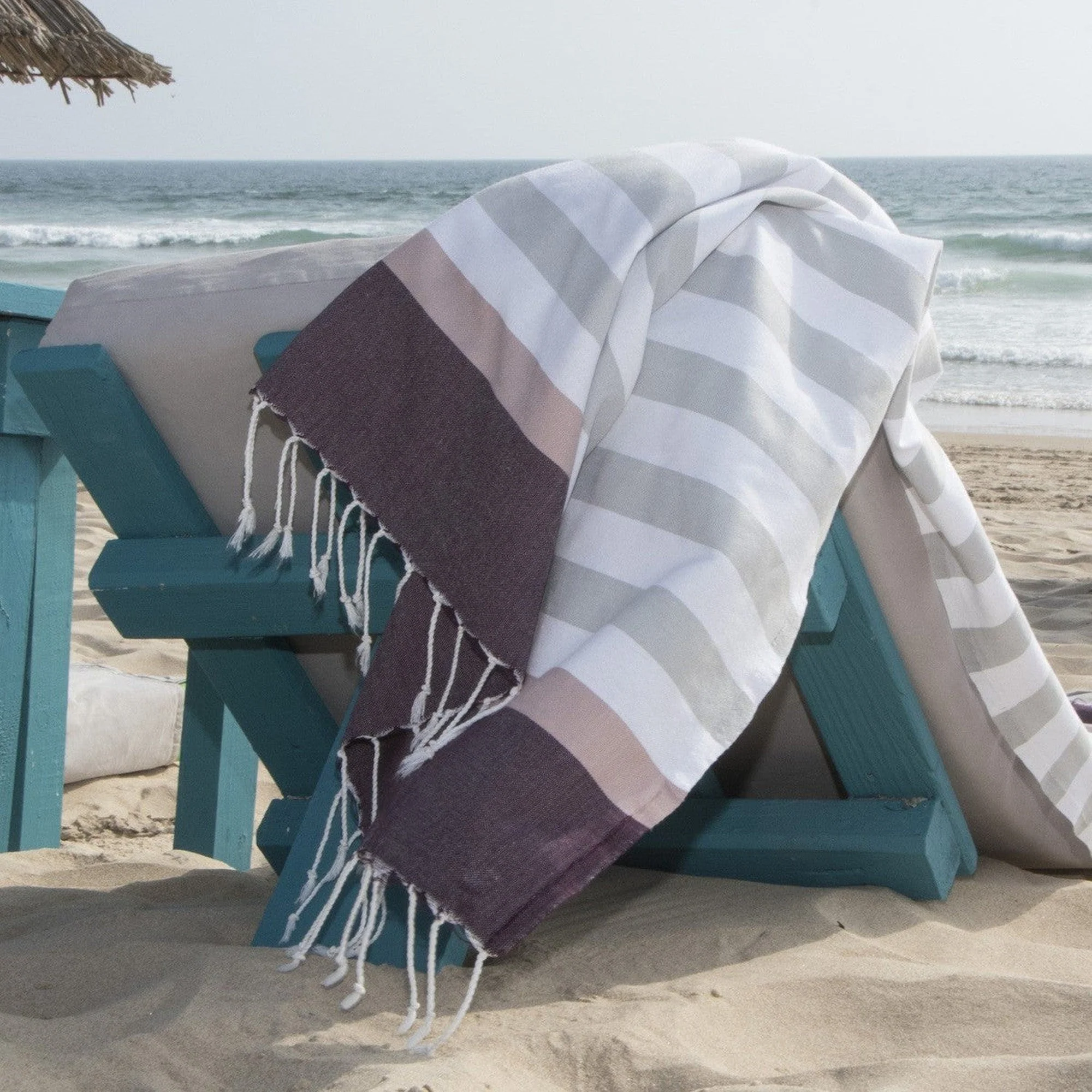Fouta Tricolore - Coton - Gris / Rose / Prune - Arcachon - Image 5