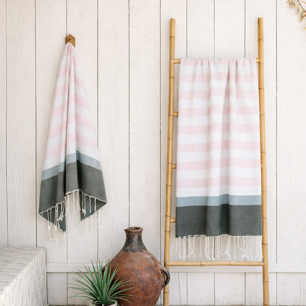 Fouta Tricolore - Coton - Rose Pâle / Sauge / Kaki - Arcachon - Image 4