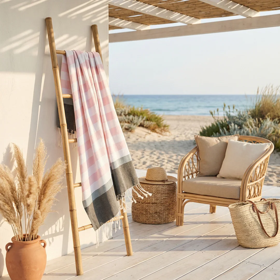 Fouta Tricolore - Coton - Rose Pâle / Sauge / Kaki - Arcachon - Image 5