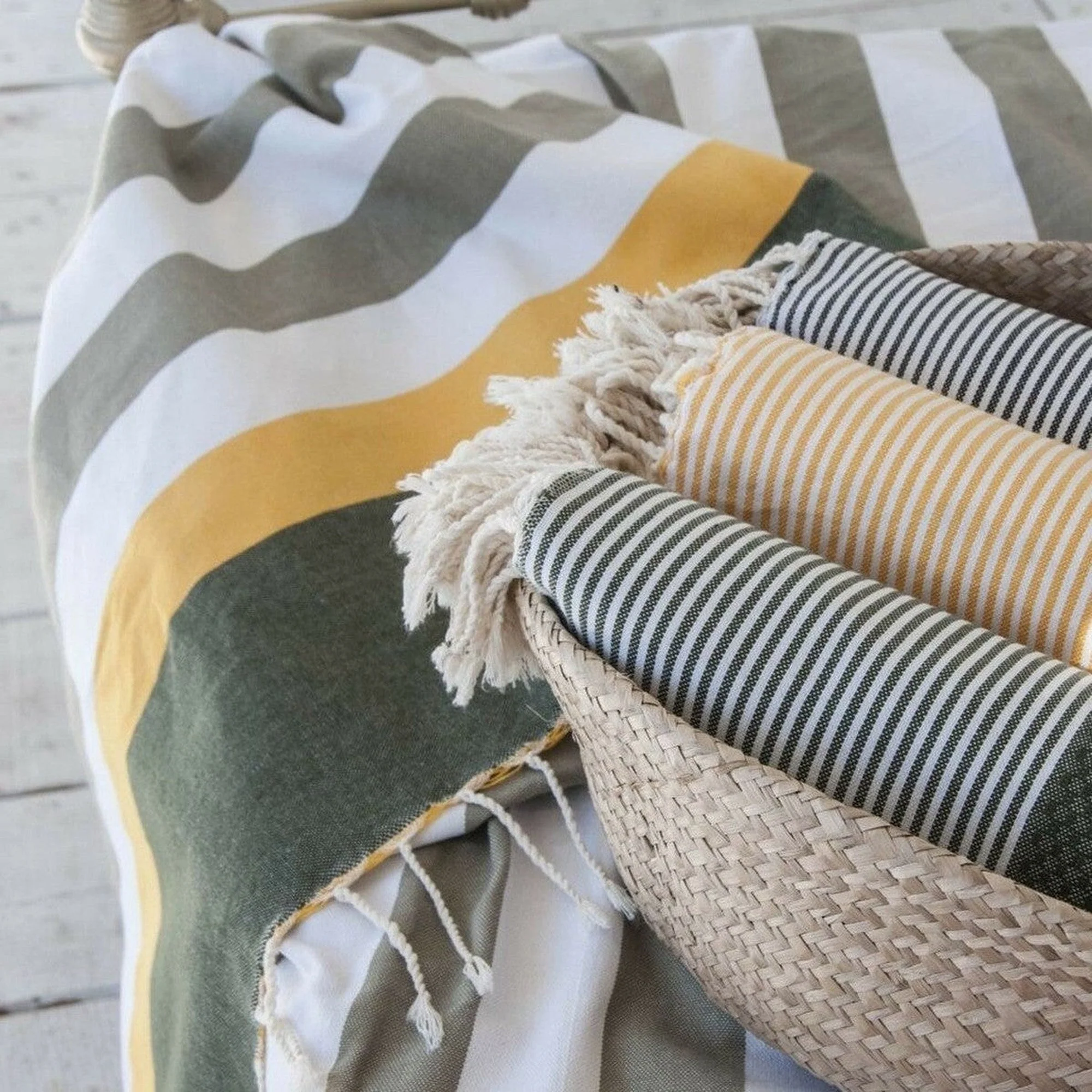 Fouta Tricolore - Coton - Taupe Clair / Safran / Kaki - Arcachon - Image 2
