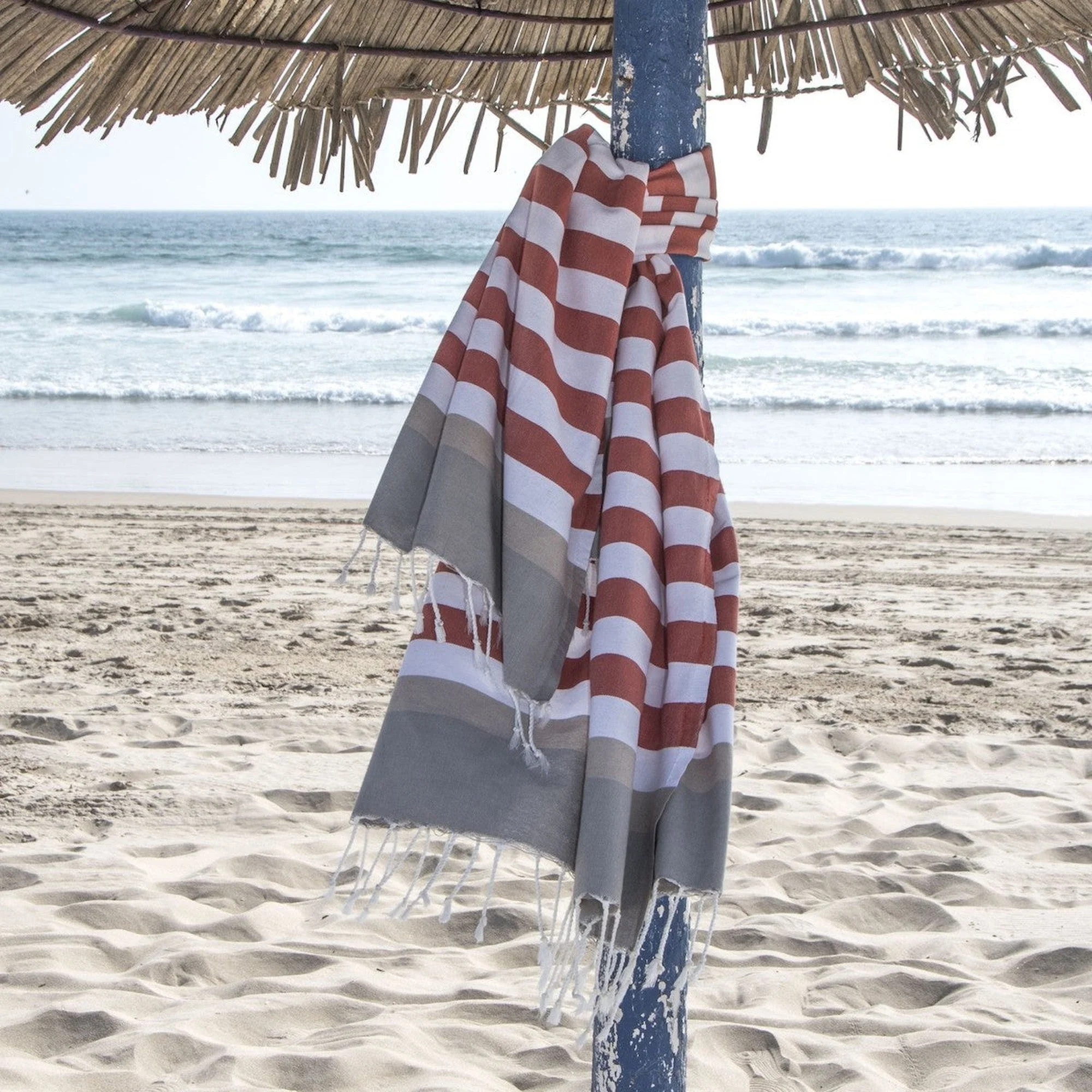 Fouta Tricolore - Coton - Terracotta / Taupe Clair - Arcachon - Image 2