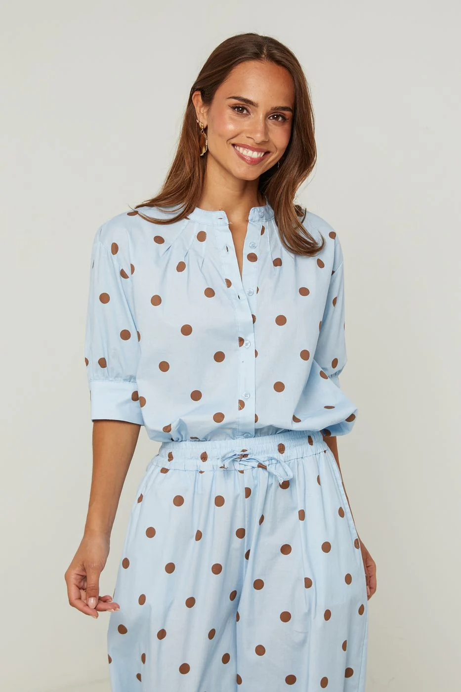 Chemise En Coton, Manches Courtes Motif Pois - Ciel - Image 3