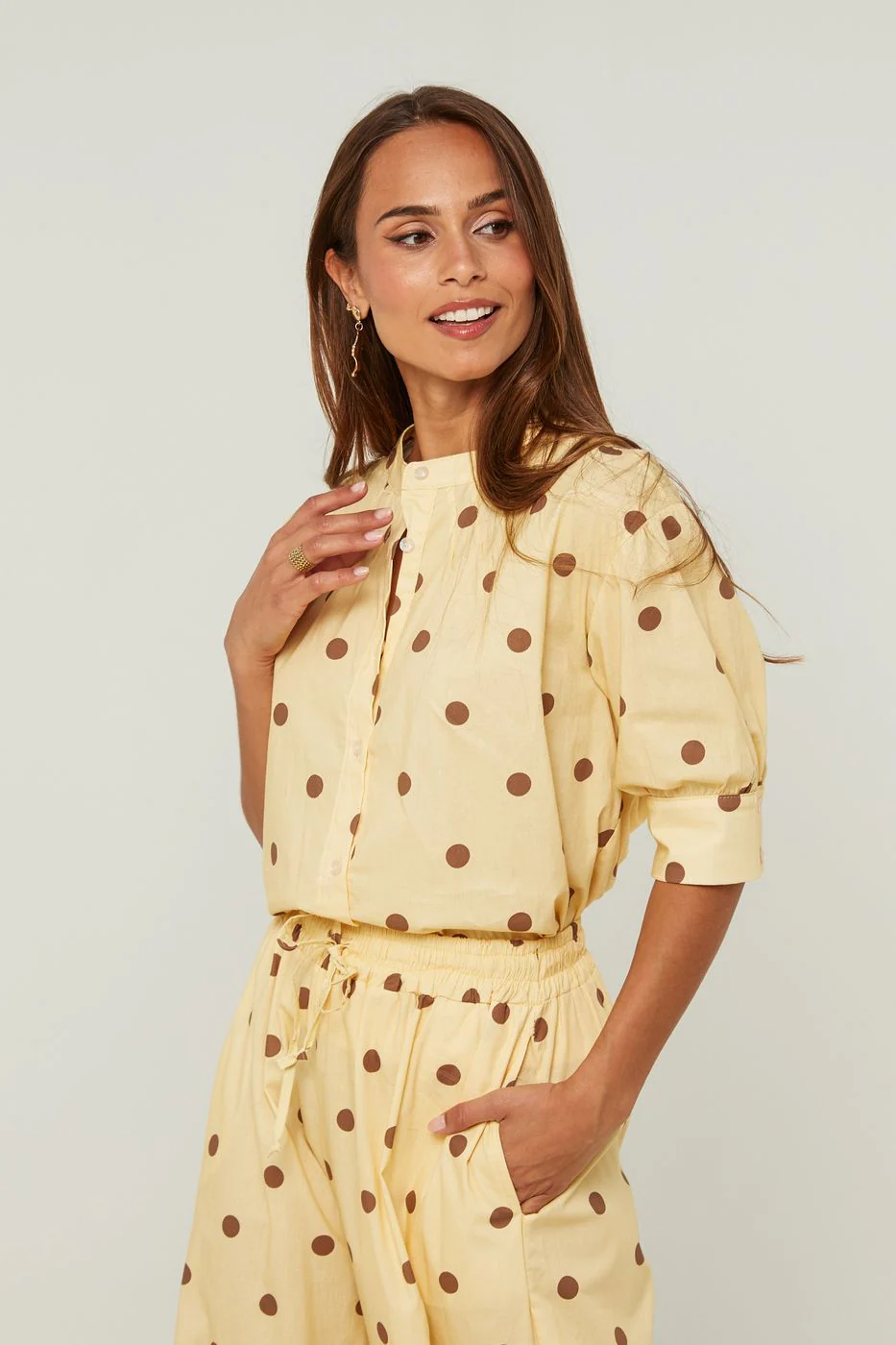 Chemise En Coton, Manches Courtes Motif Pois - Jaune - Image 3