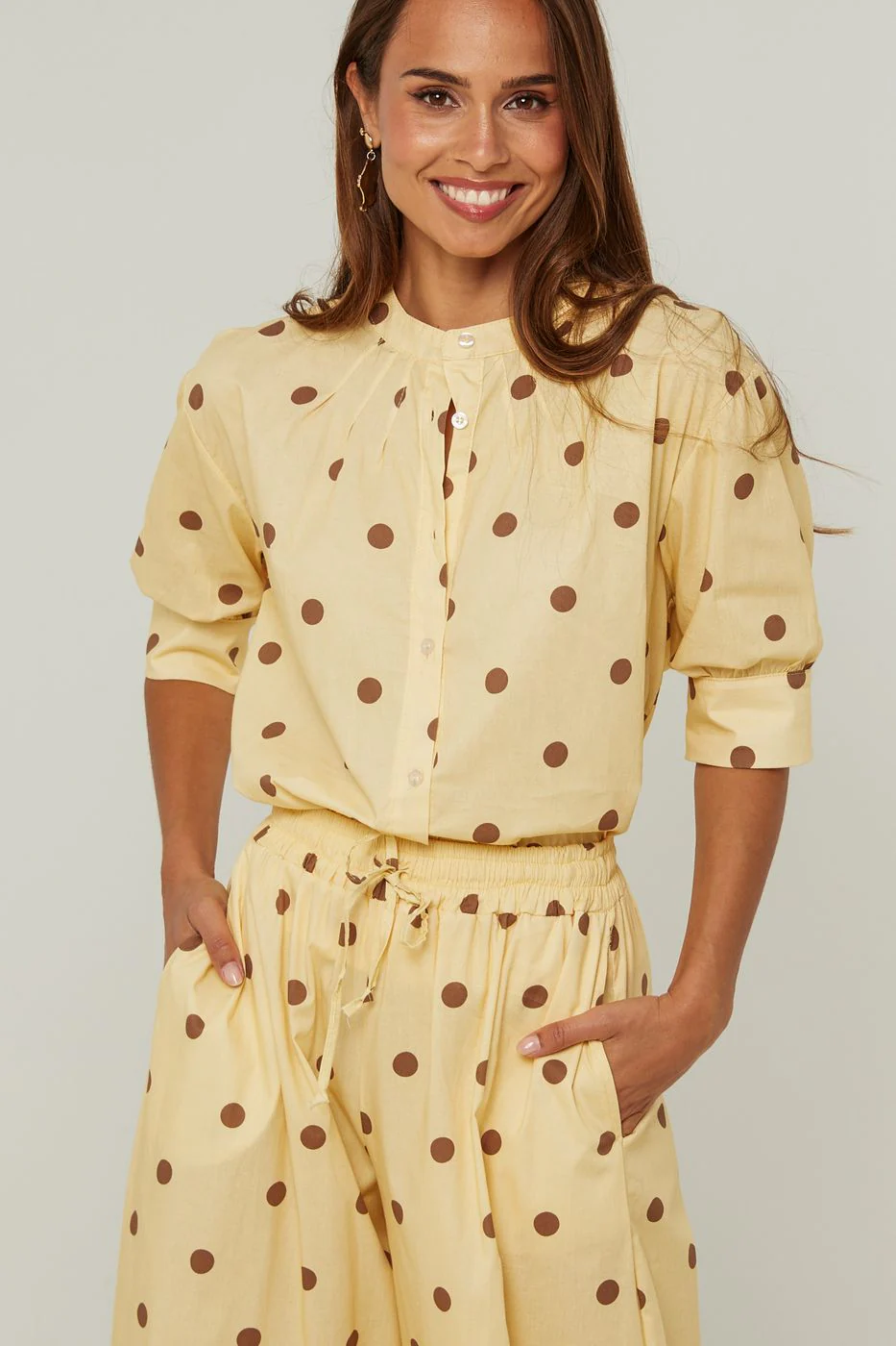 Chemise En Coton, Manches Courtes Motif Pois - Jaune - Image 4