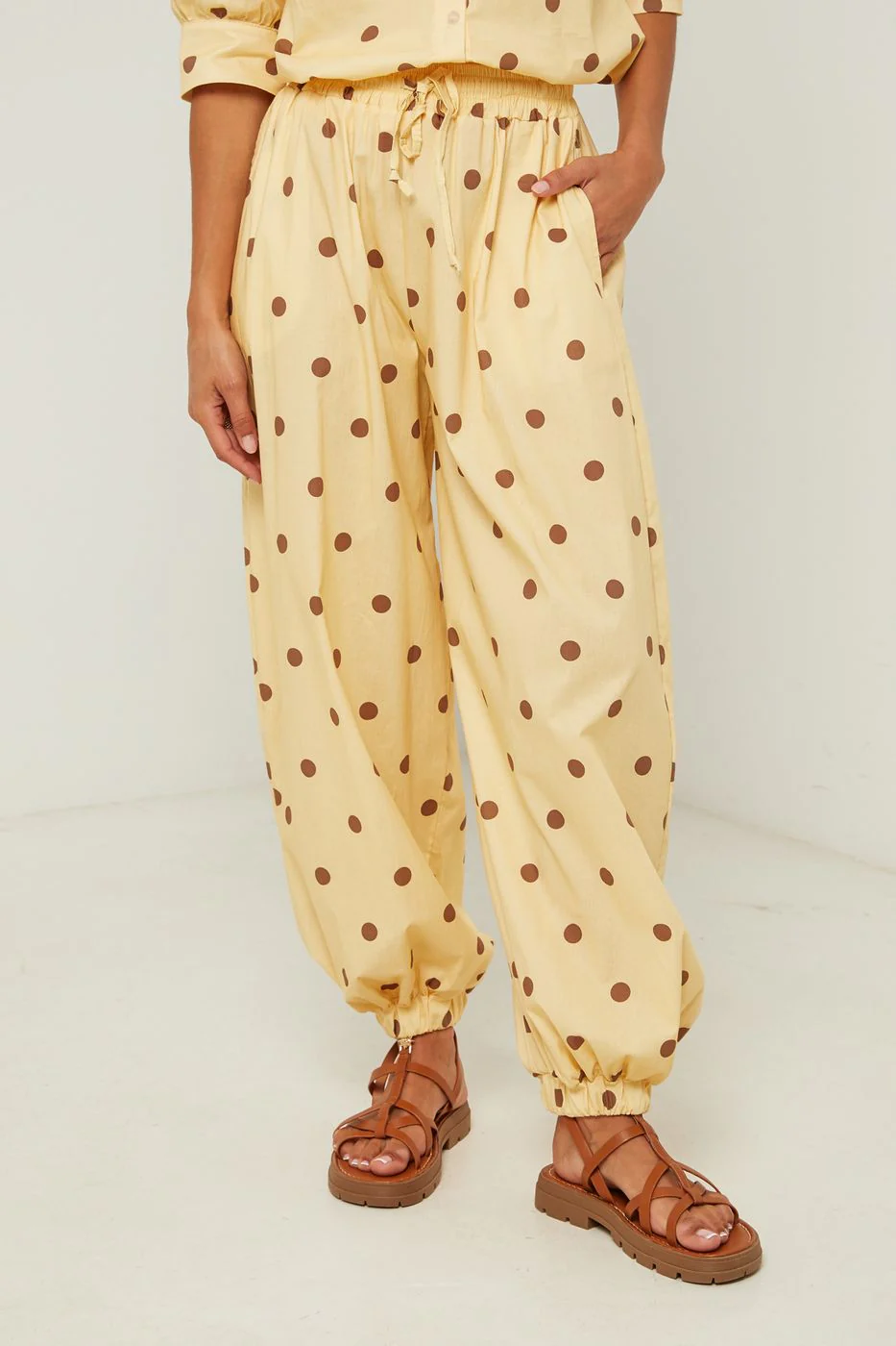Pantalon En Coton Au Motif À Pois - Jaune - Image 4