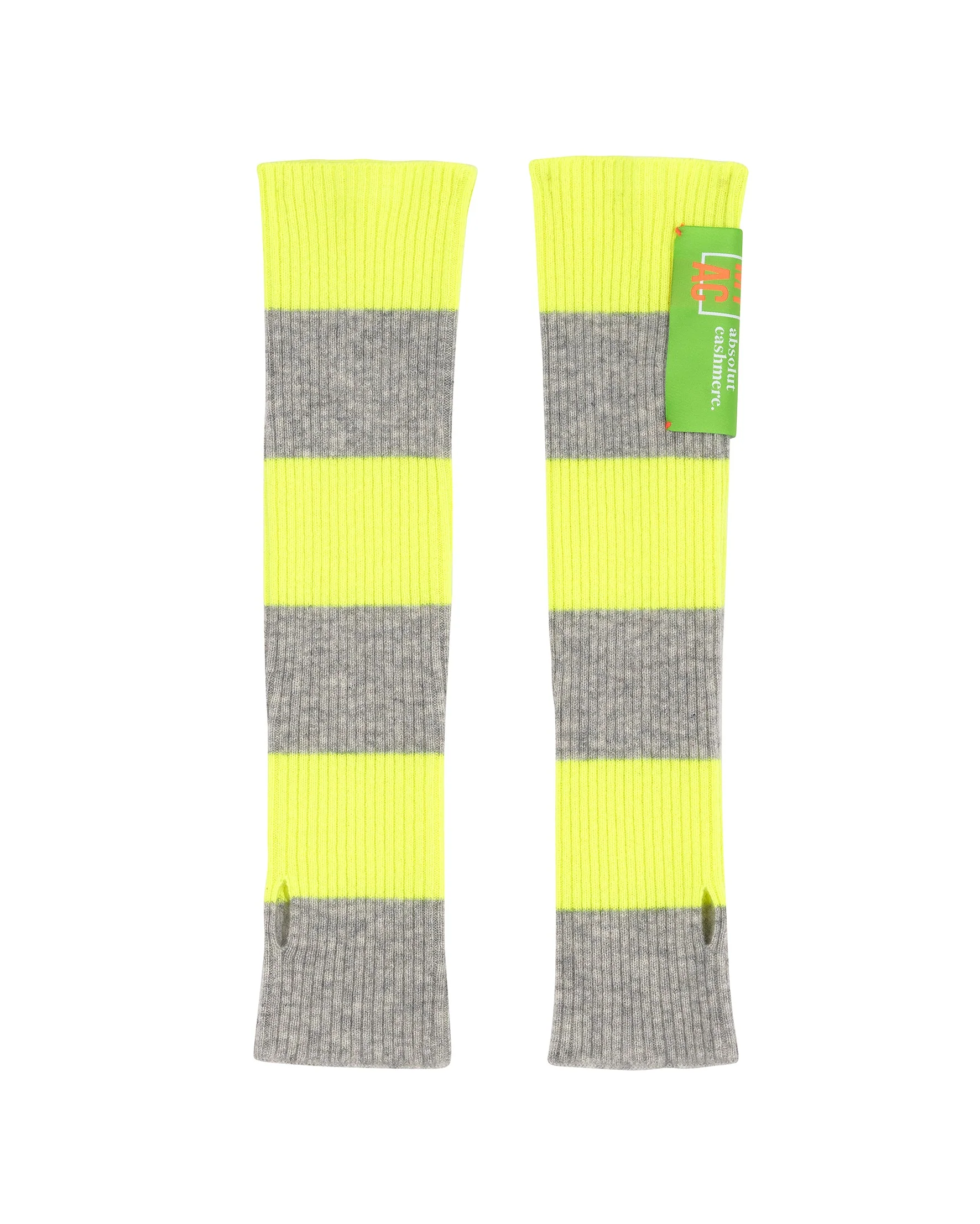 Longues Mitaine Rayées Flashy - Gris Chine Clair-Jaune Fluo - 100% Cachemire 9GG - Femme - Image 2