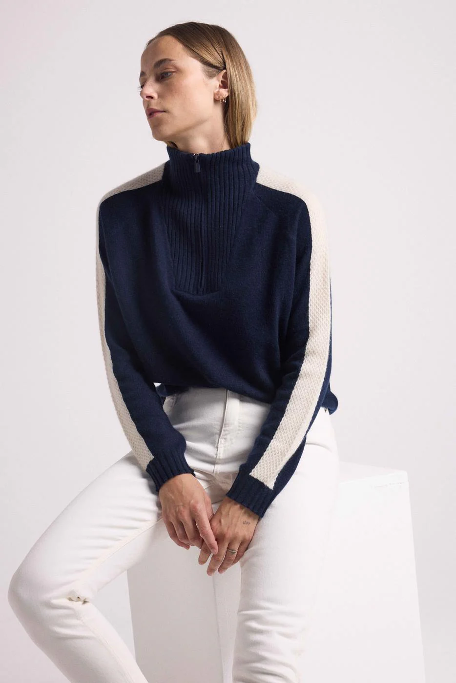 Pull Col Camioneur Zip Caroline - Bleu Marine Blanc - Image 10
