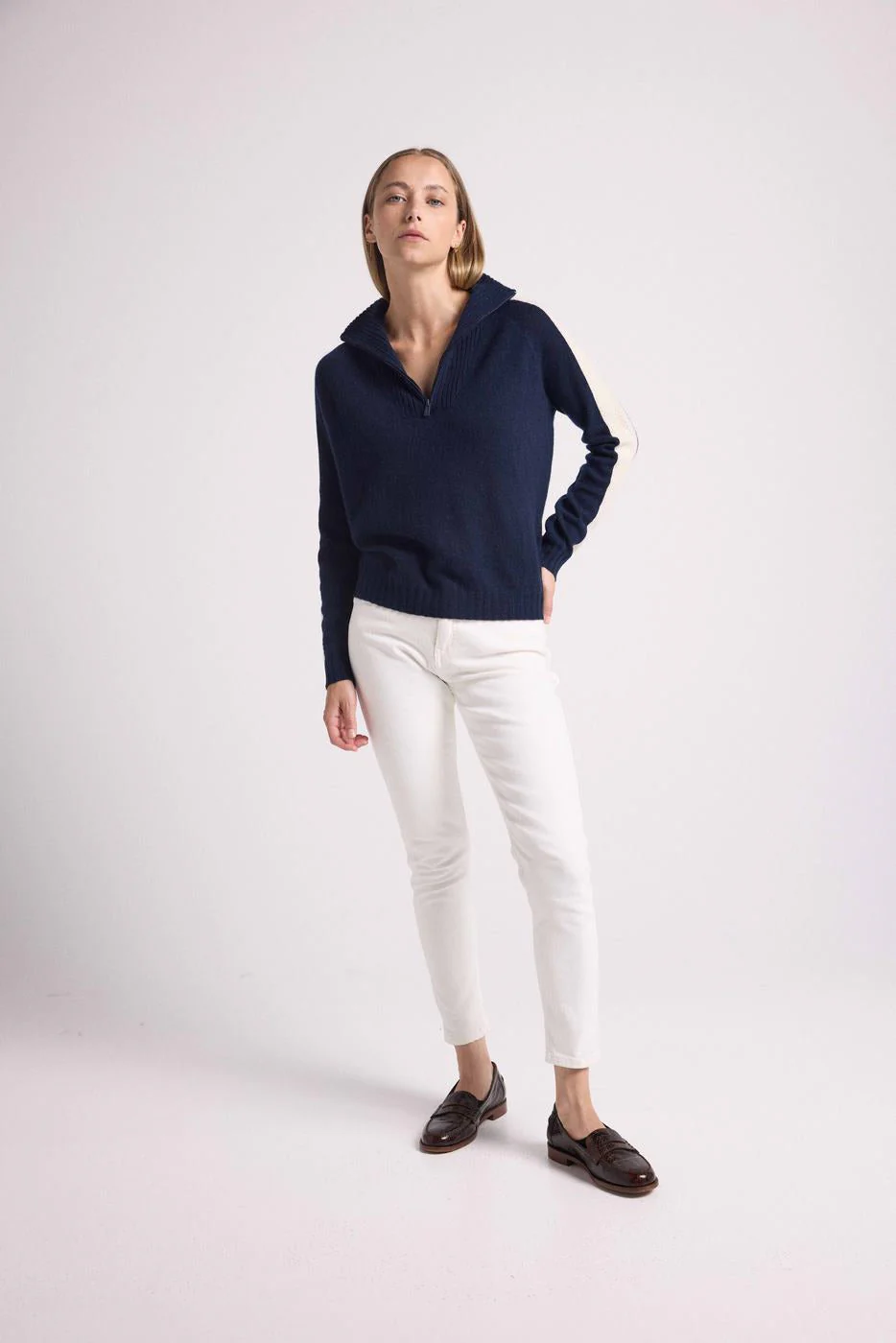 Pull Col Camioneur Zip Caroline - Bleu Marine Blanc - Image 11