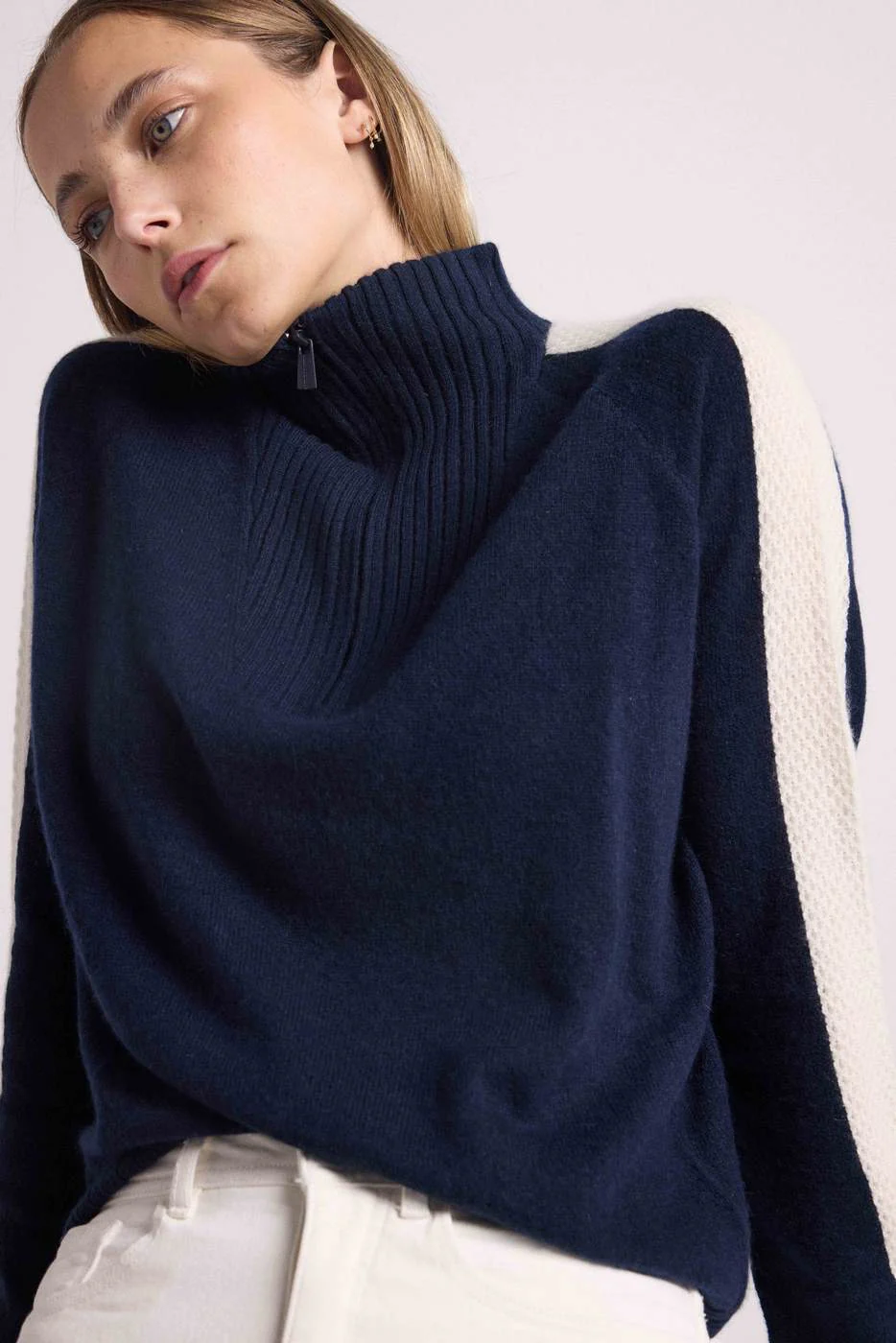 Pull Col Camioneur Zip Caroline - Bleu Marine Blanc - Image 2