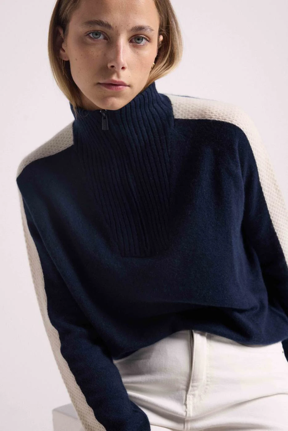 Pull Col Camioneur Zip Caroline - Bleu Marine Blanc - Image 4