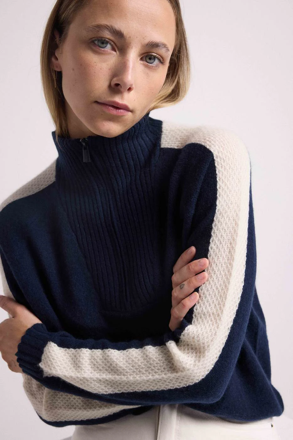 Pull Col Camioneur Zip Caroline - Bleu Marine Blanc - Image 6