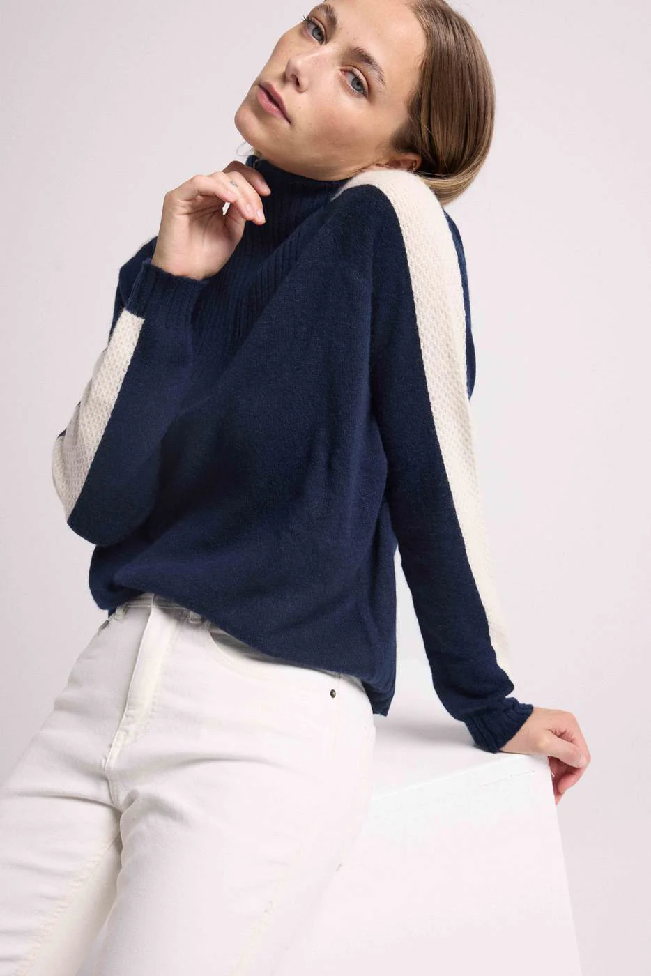 Pull Col Camioneur Zip Caroline - Bleu Marine Blanc - Image 7