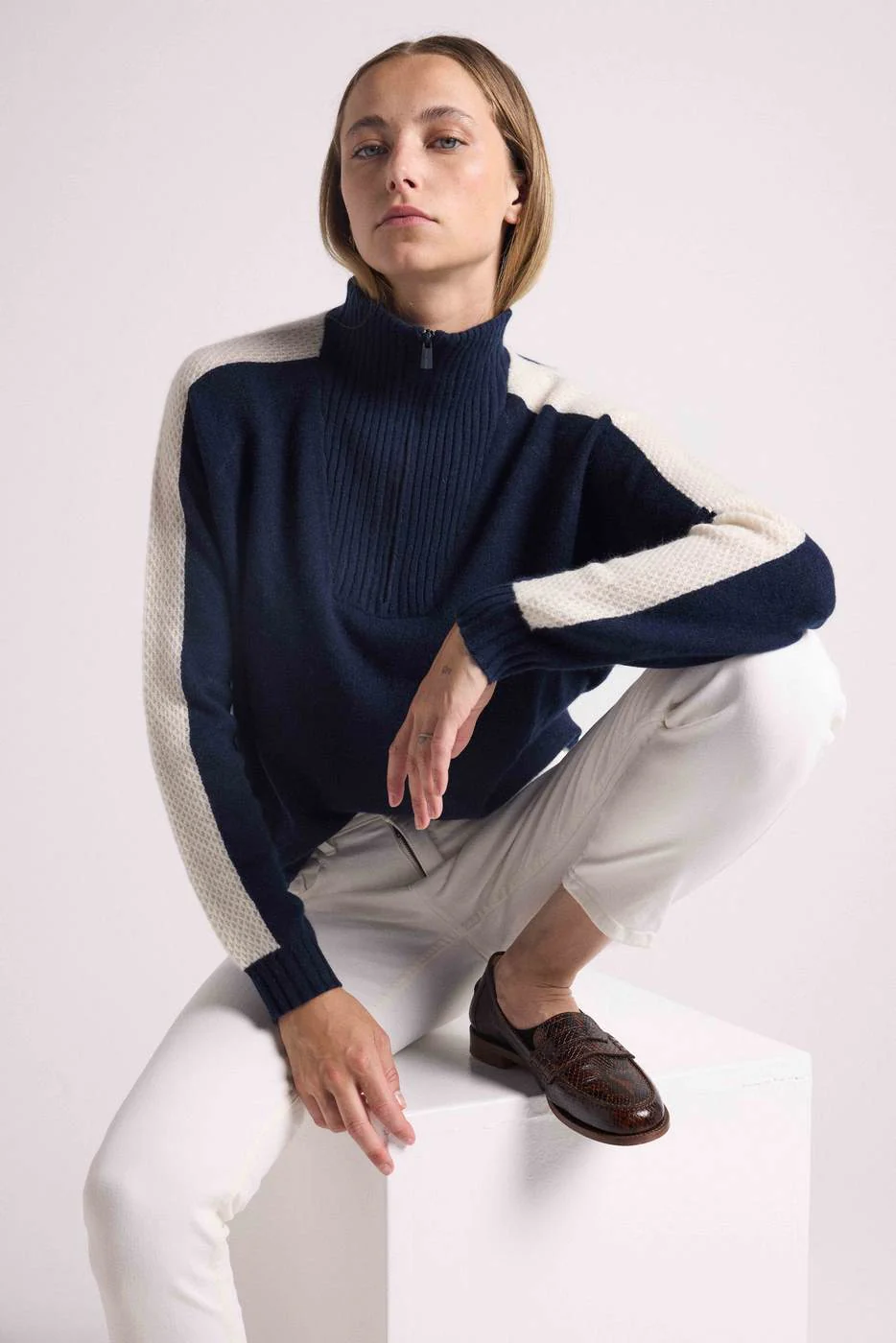 Pull Col Camioneur Zip Caroline - Bleu Marine Blanc - Image 8