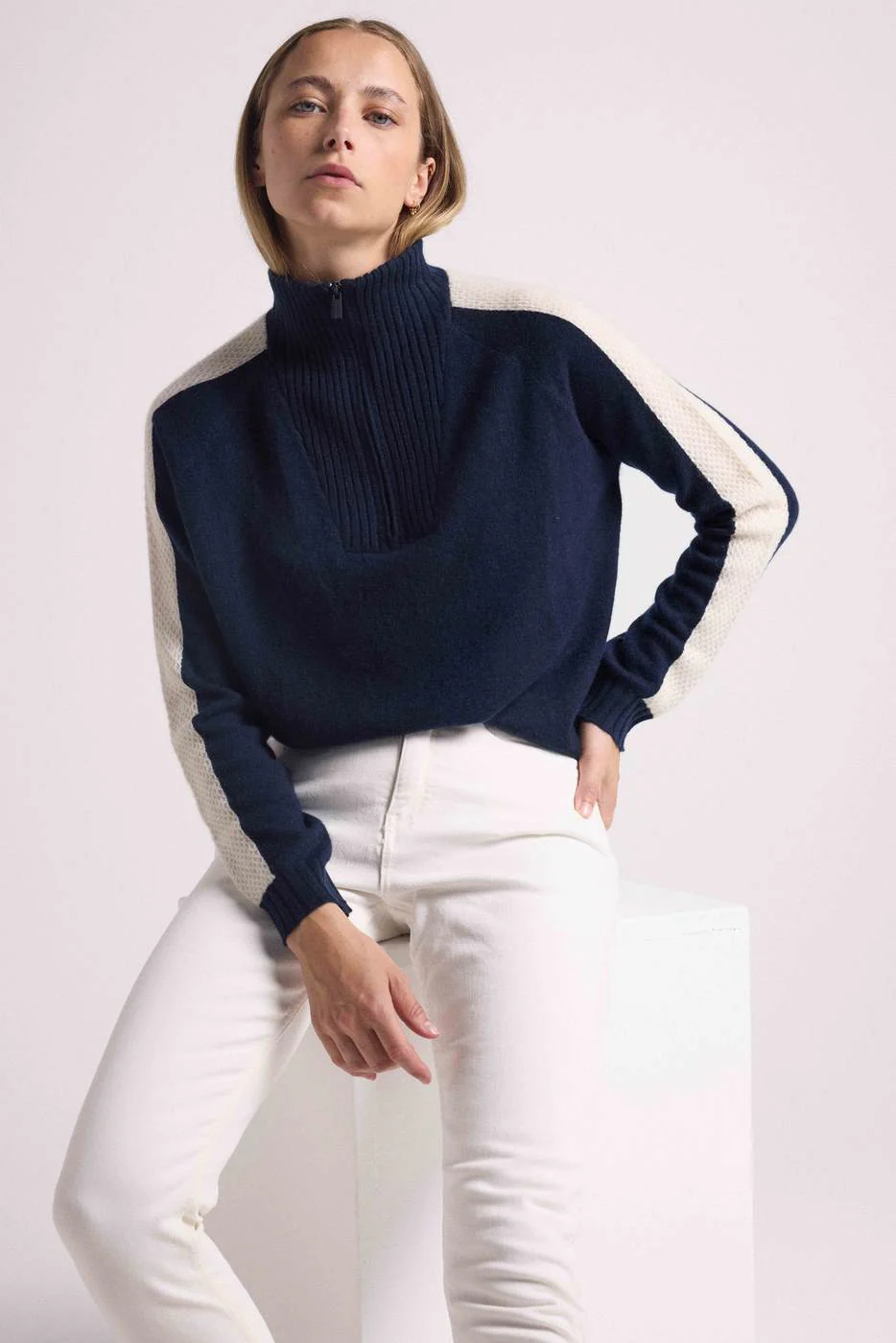Pull Col Camioneur Zip Caroline - Bleu Marine Blanc - Image 9