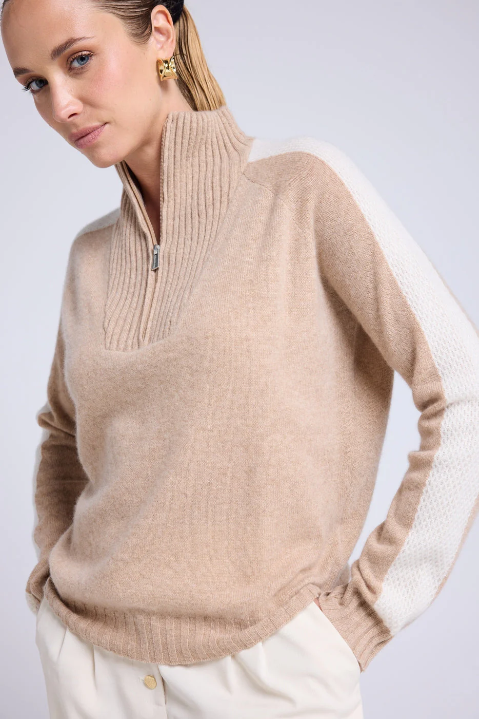 Pull Col Camioneur Zip Caroline - Beige Crème Blanc - Image 12