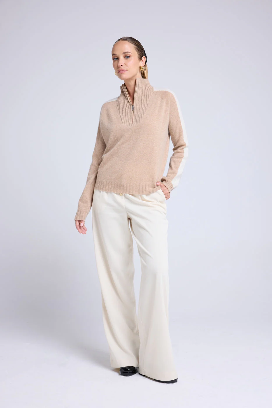 Pull Col Camioneur Zip Caroline - Beige Crème Blanc - Image 6
