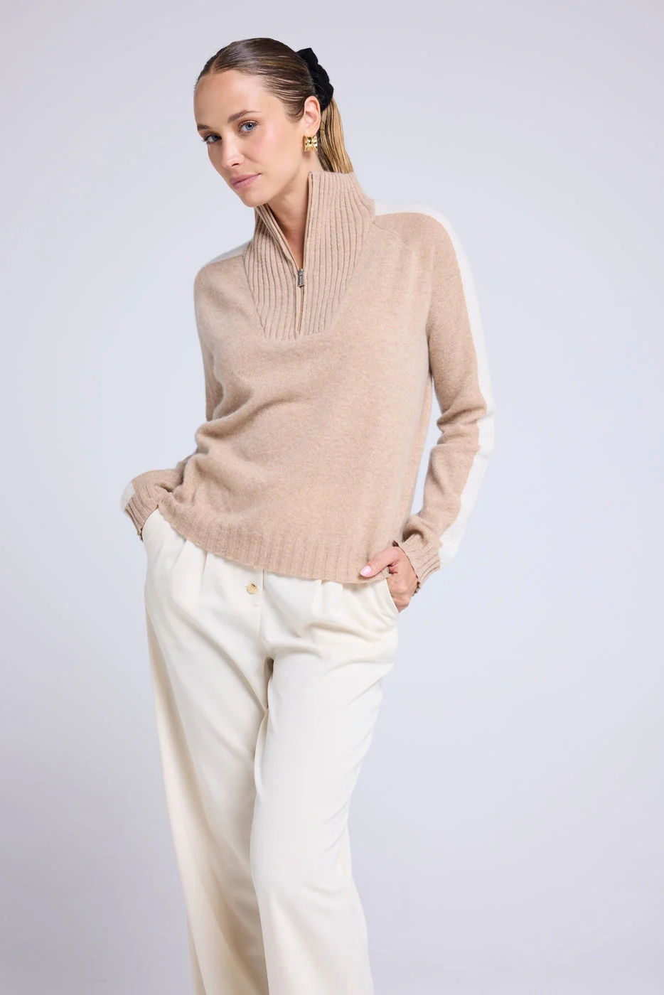 Pull Col Camioneur Zip Caroline - Beige Crème Blanc - Image 7