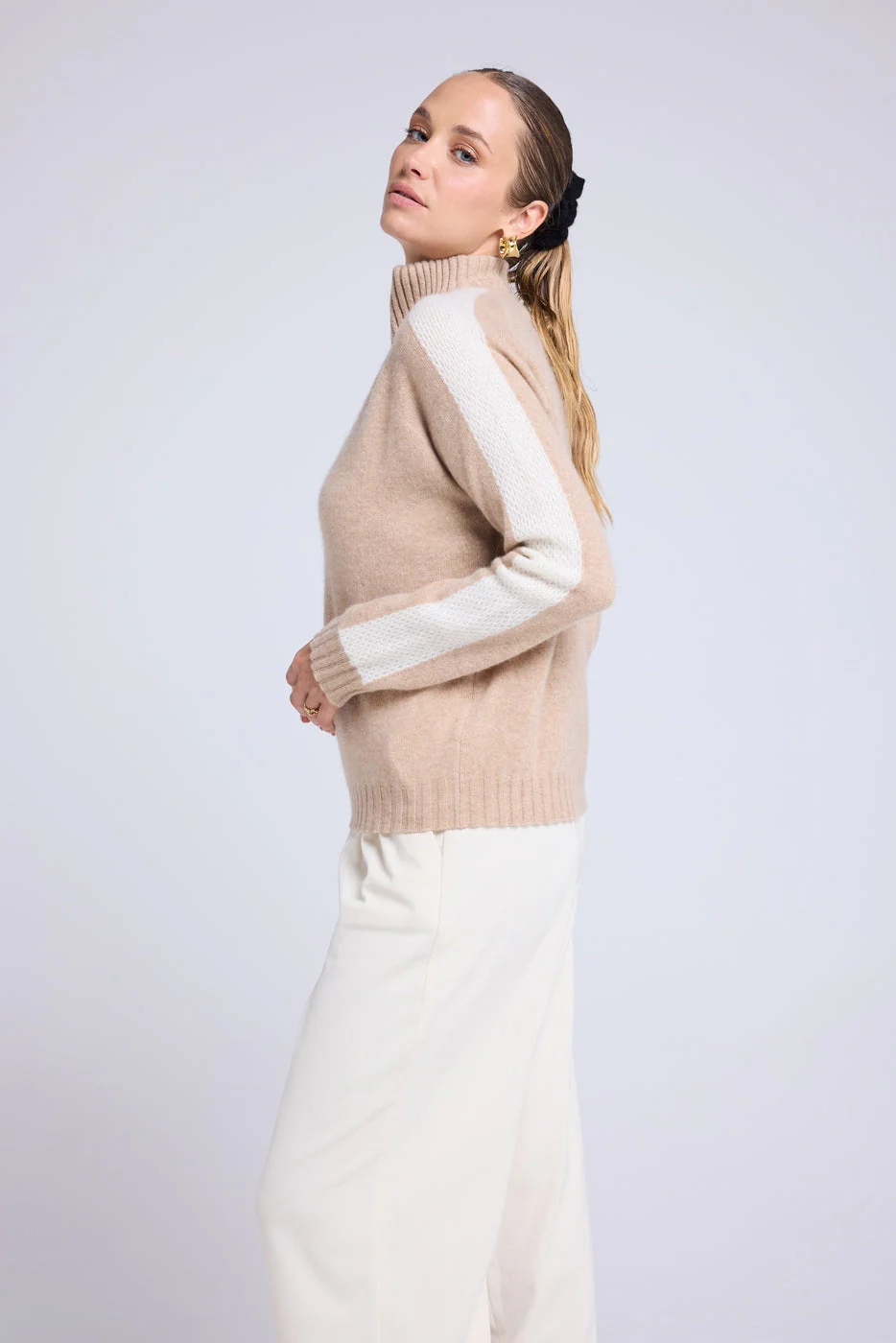 Pull Col Camioneur Zip Caroline - Beige Crème Blanc - Image 8