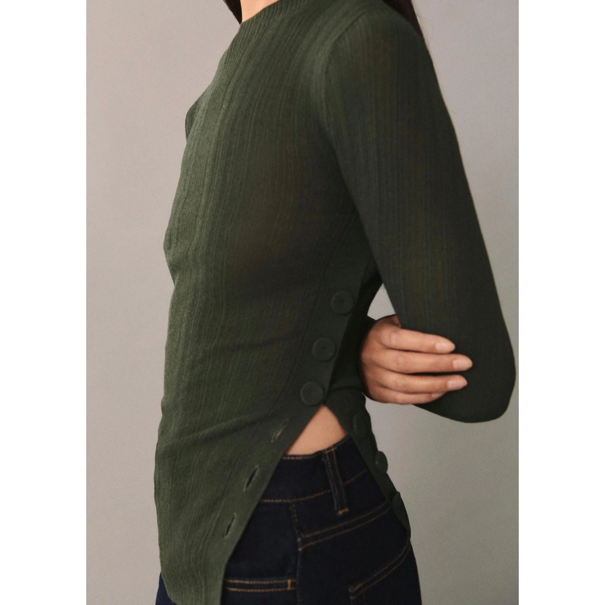 T-Shirt Semi-Transparent Boutons - Dark Green - Image 5