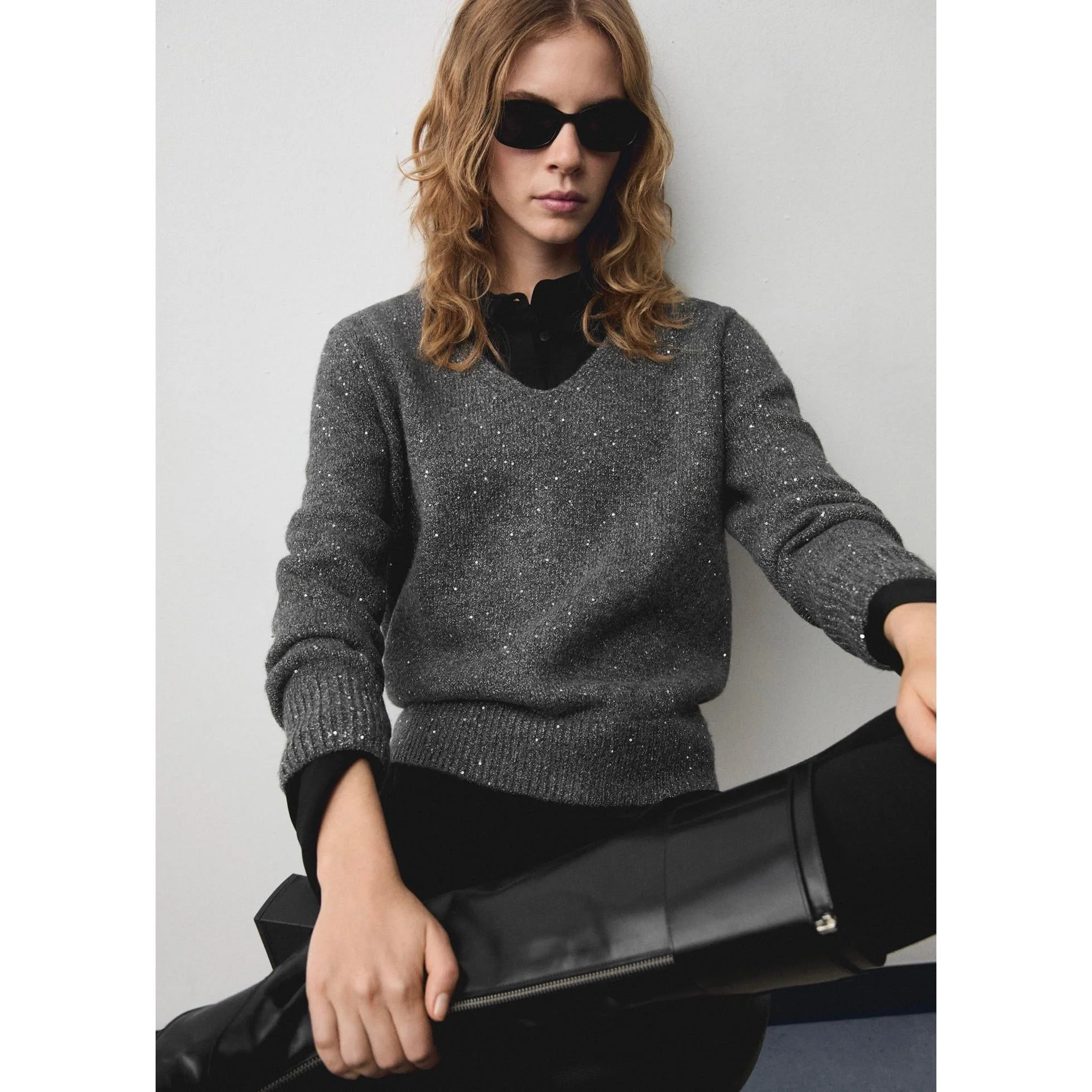 Pull-Over Col V Paillettes - Charcoal - Image 5