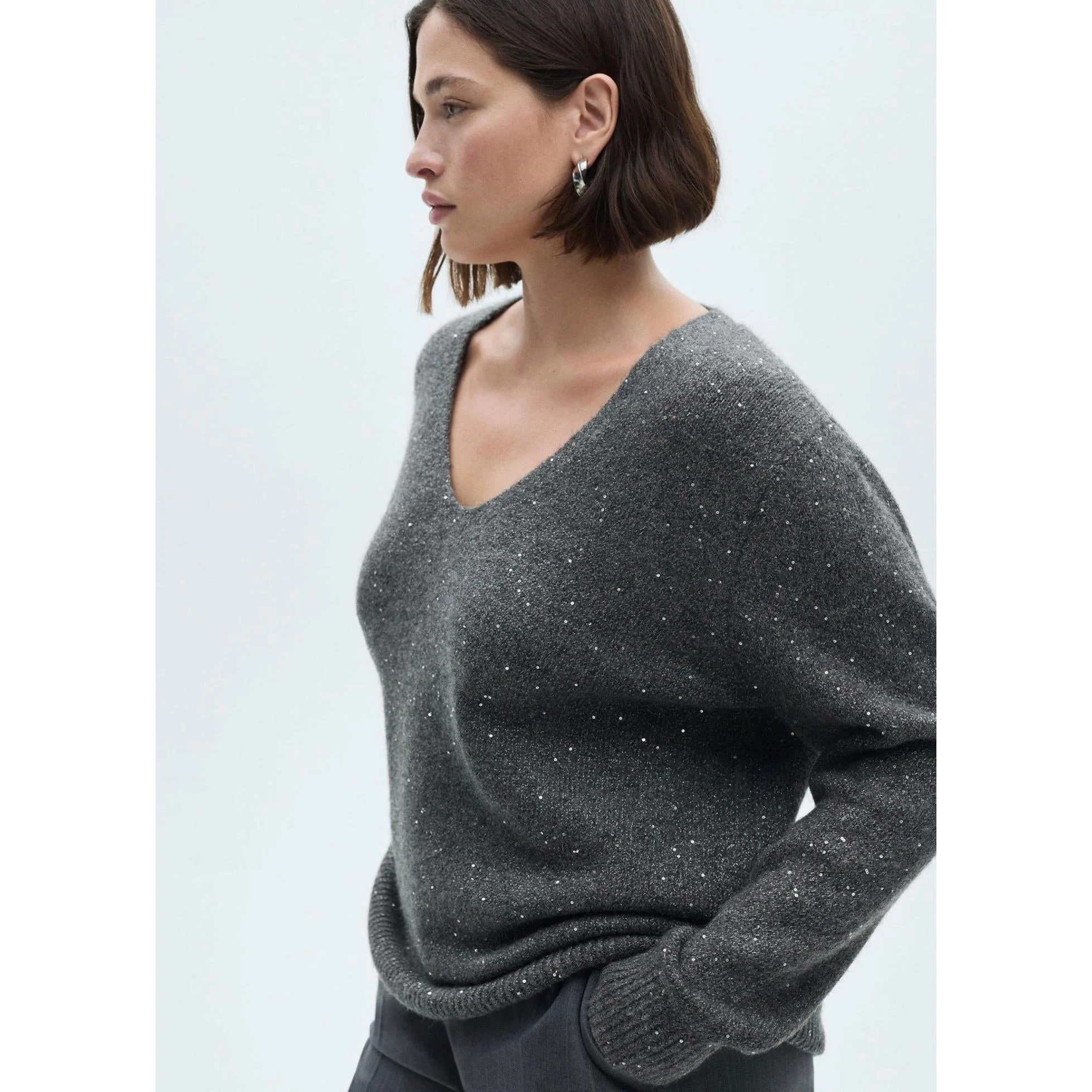 Pull-Over Col V Paillettes - Charcoal - Image 8