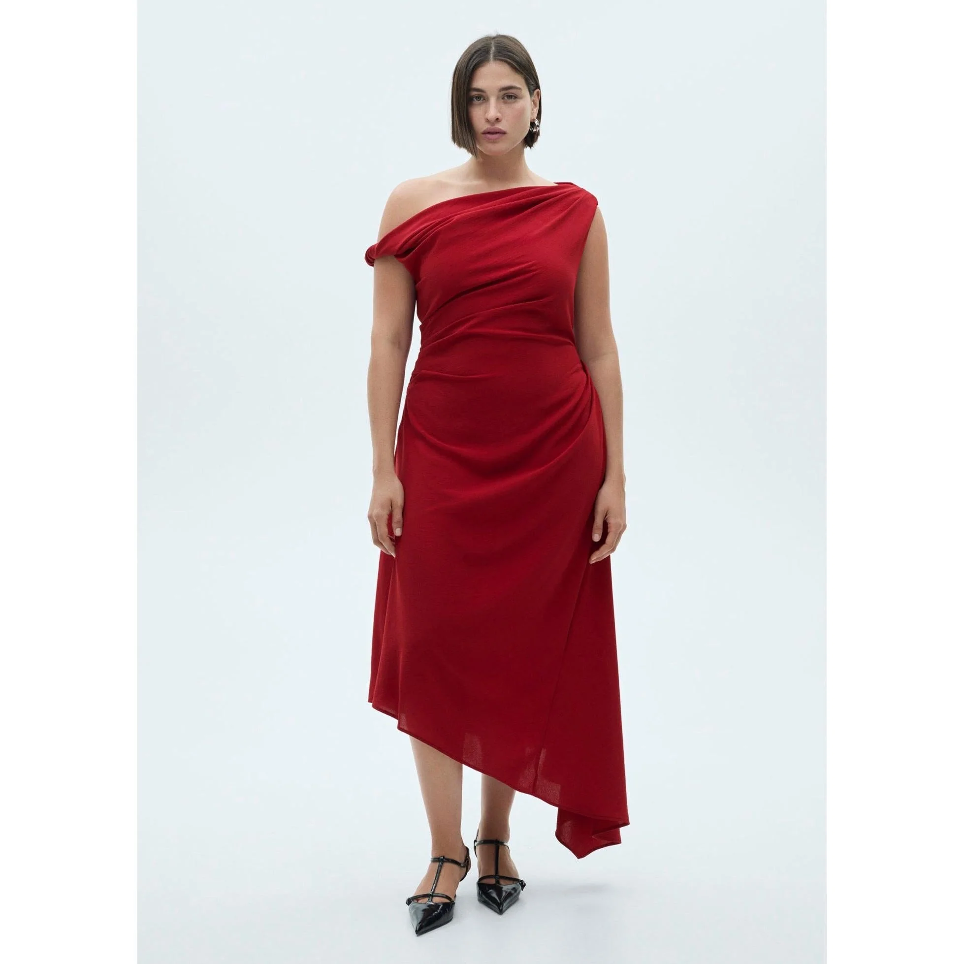 Robe Asymétrique Froncée - Red - Image 5