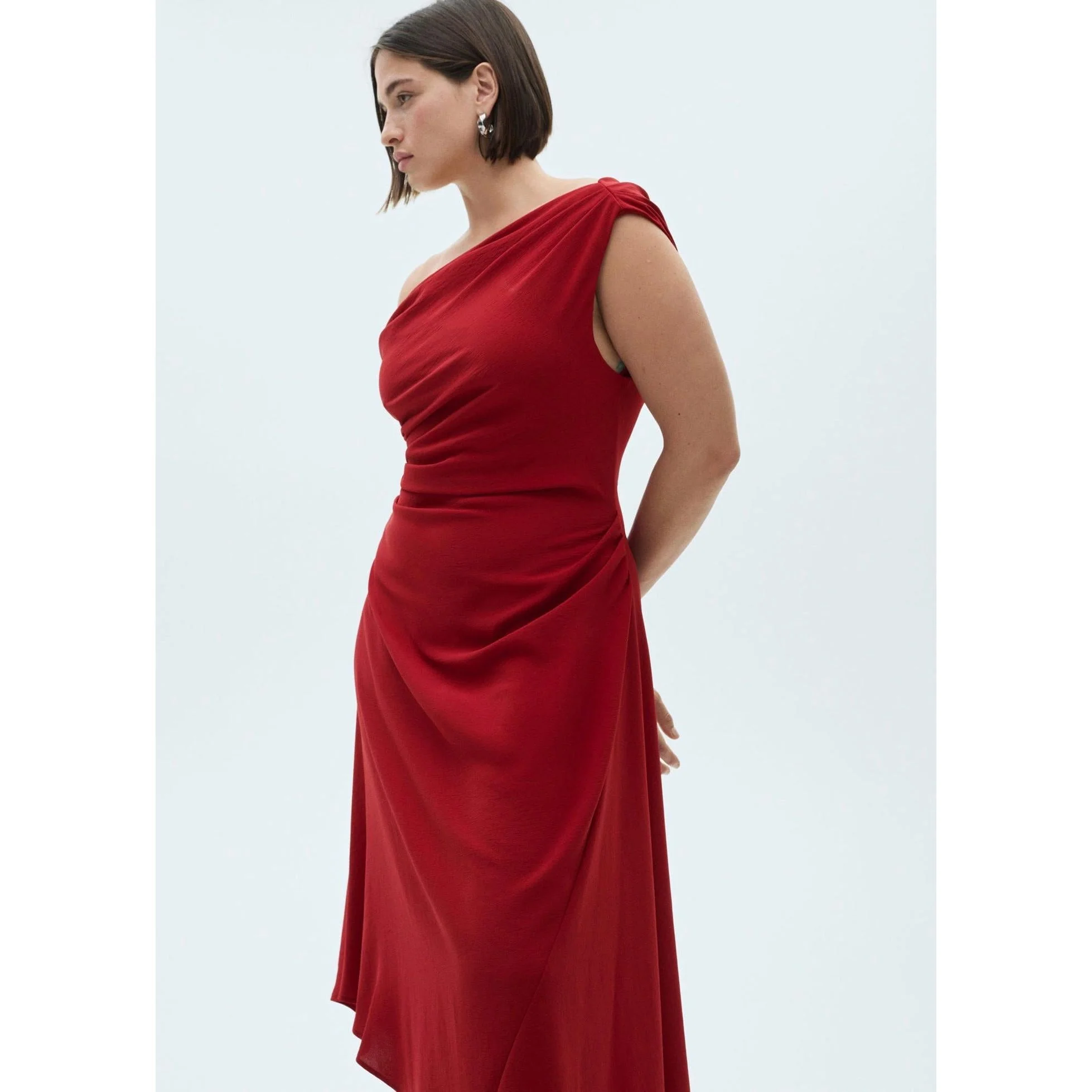 Robe Asymétrique Froncée - Red - Image 7