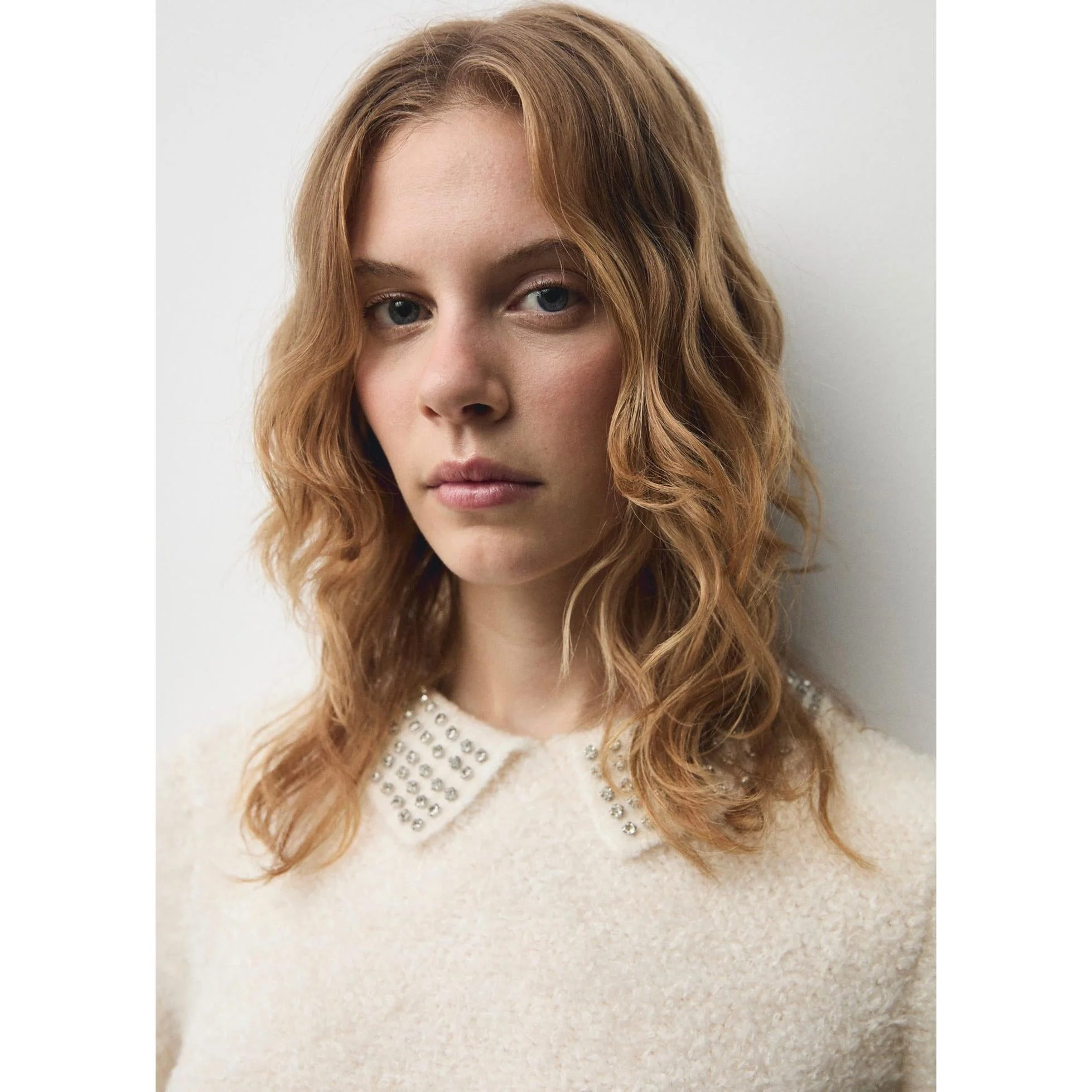 Pull-Over Col Polo Strass - Ecru - Image 4
