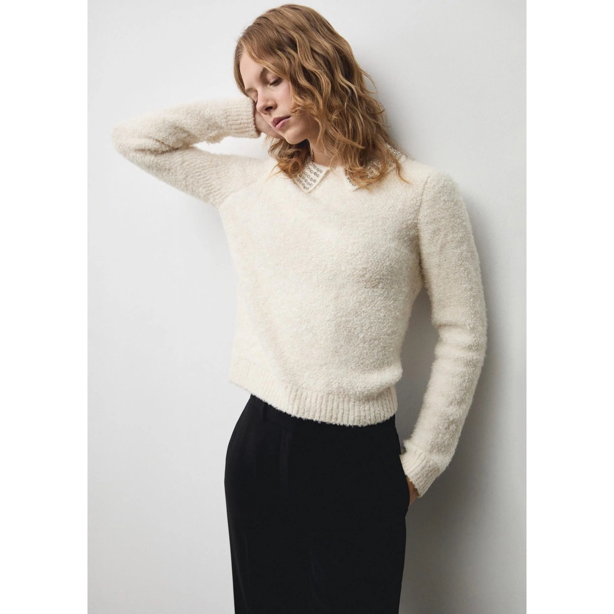 Pull-Over Col Polo Strass - Ecru - Image 5