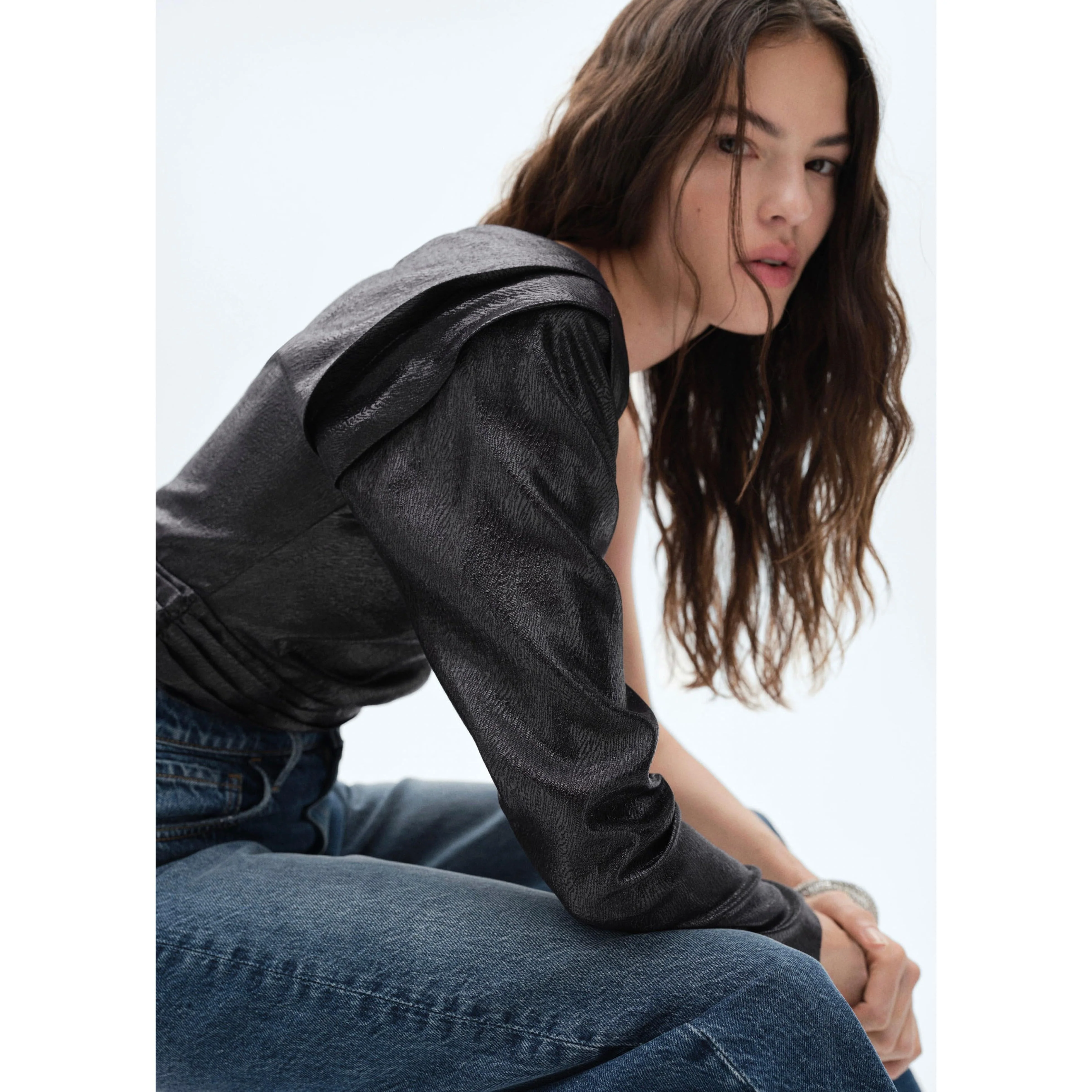 Blouse Asymétrique Manches Bouffantes - Black - Image 5