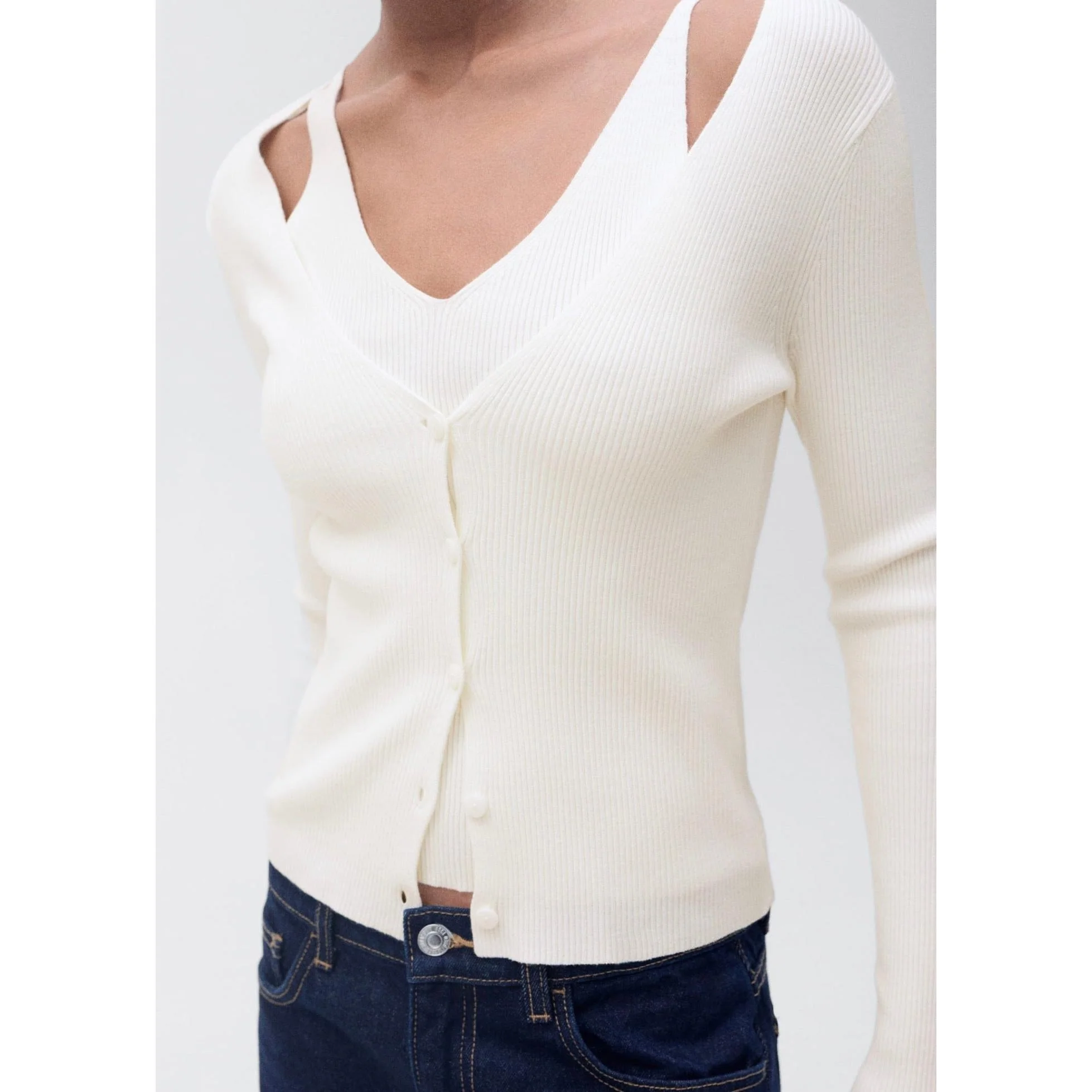 Cardigan Maille Col V Combiné - Ecru - Image 4