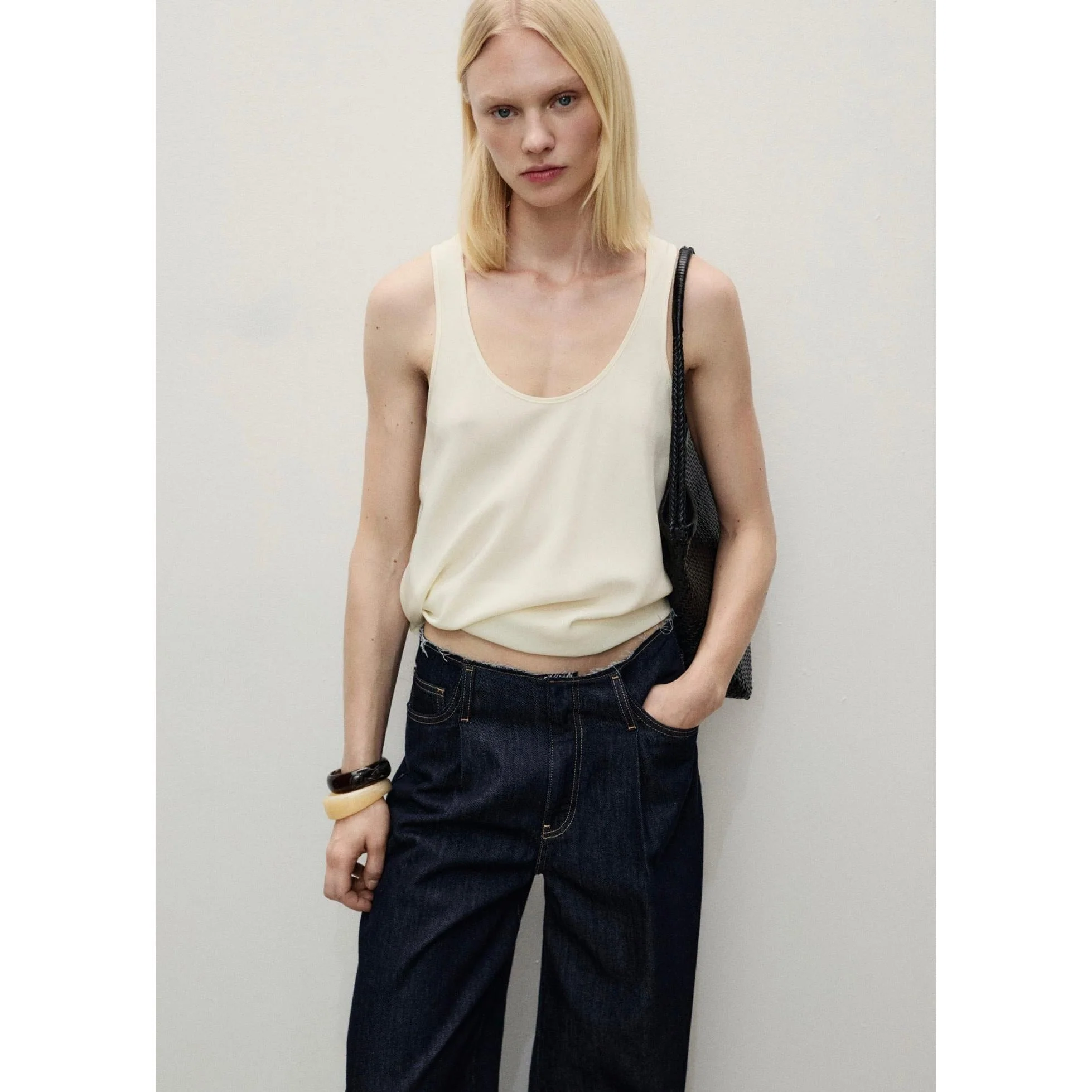 Pantalon En Denim Wideleg Taille Effilochée - Open Blue - Image 4