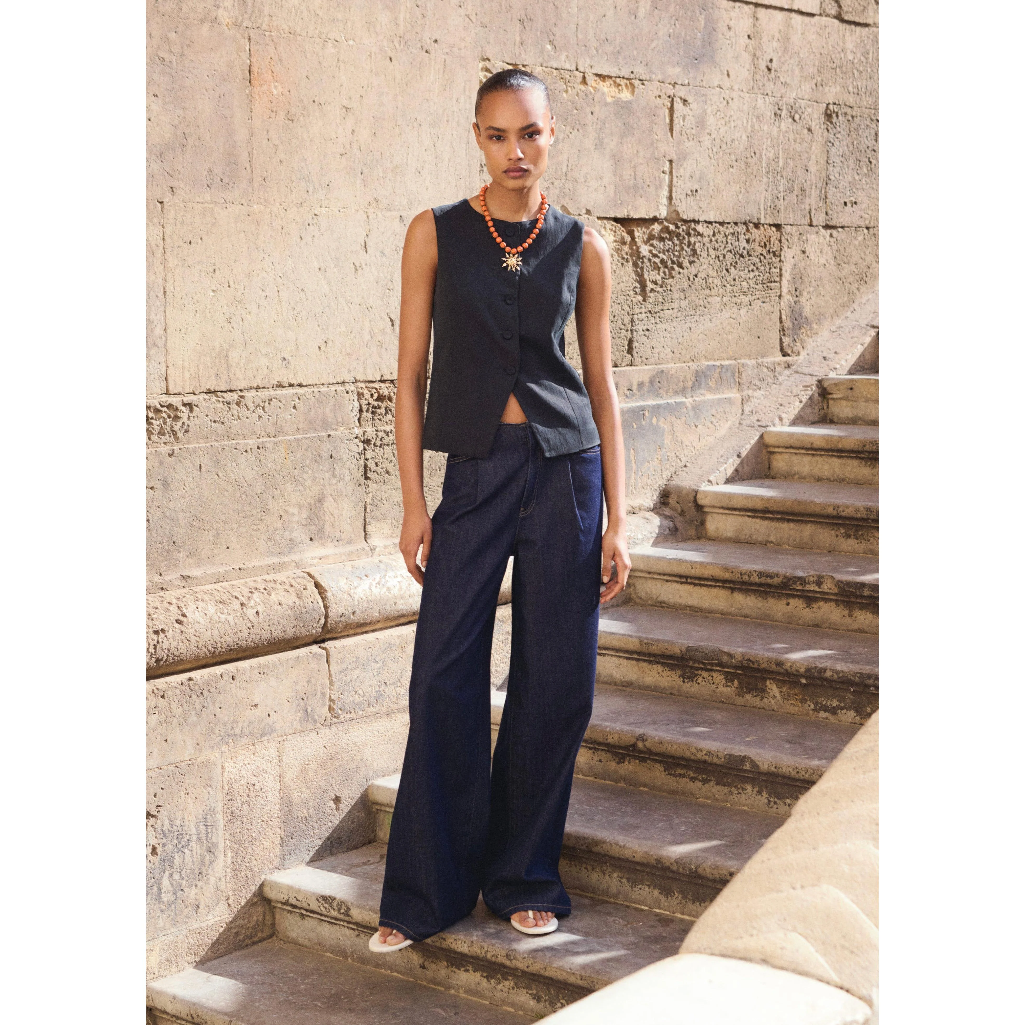Pantalon En Denim Wideleg Taille Effilochée - Open Blue - Image 6
