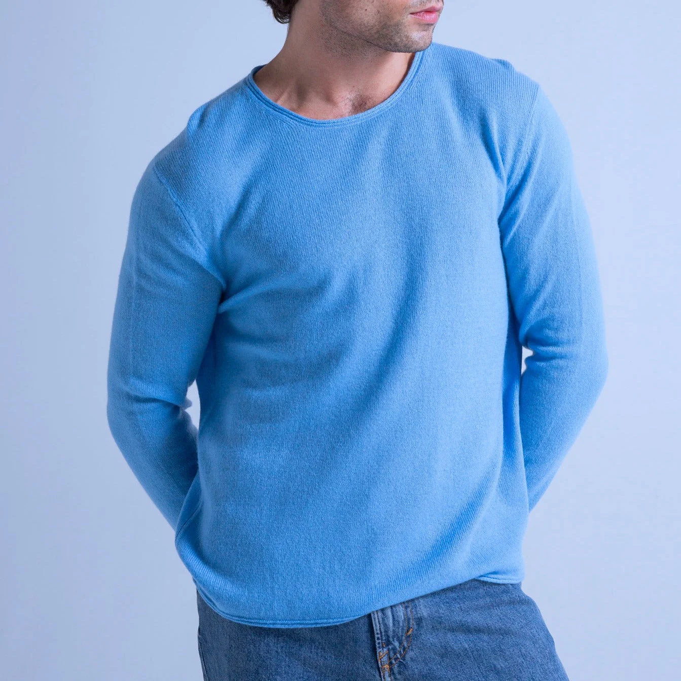 Pull Col Rond Finitions Roulées Taylor - Azur - 100% Cachemire 12Gg - Mixte - Image 4