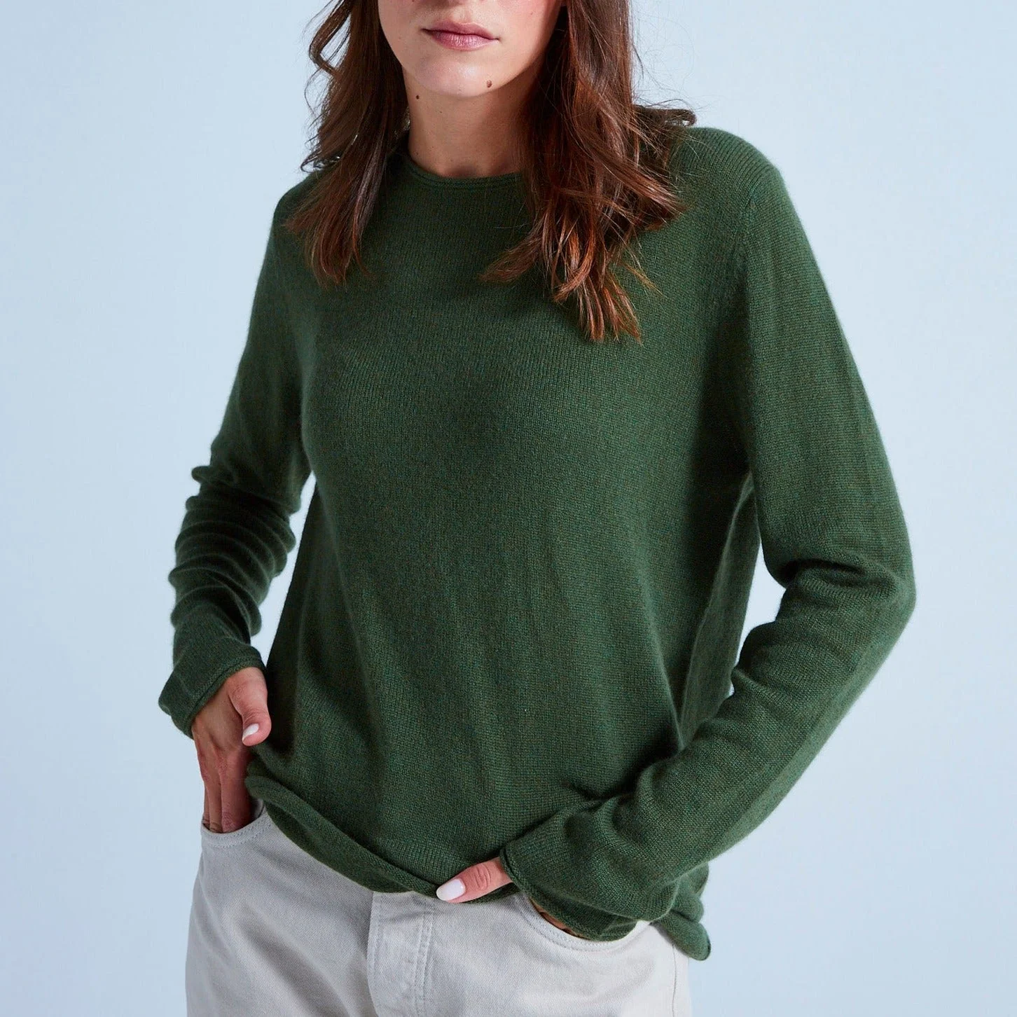 Pull Col Rond Finitions Roulées Taylor - Kaki - 100% Cachemire 12Gg - Mixte - Image 4