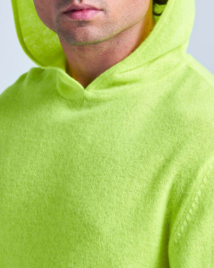 Gilet Capuche Finitions Roulées Leone - Jaune Fluo - 100% Cachemire 12Gg - Mixte - Image 2