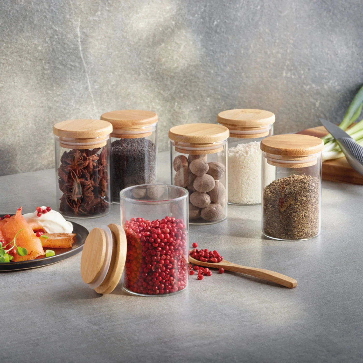 Set De 6 Petits Pots À Épices En Verre Avec Couvercles En Bambou - Transparent - Image 3