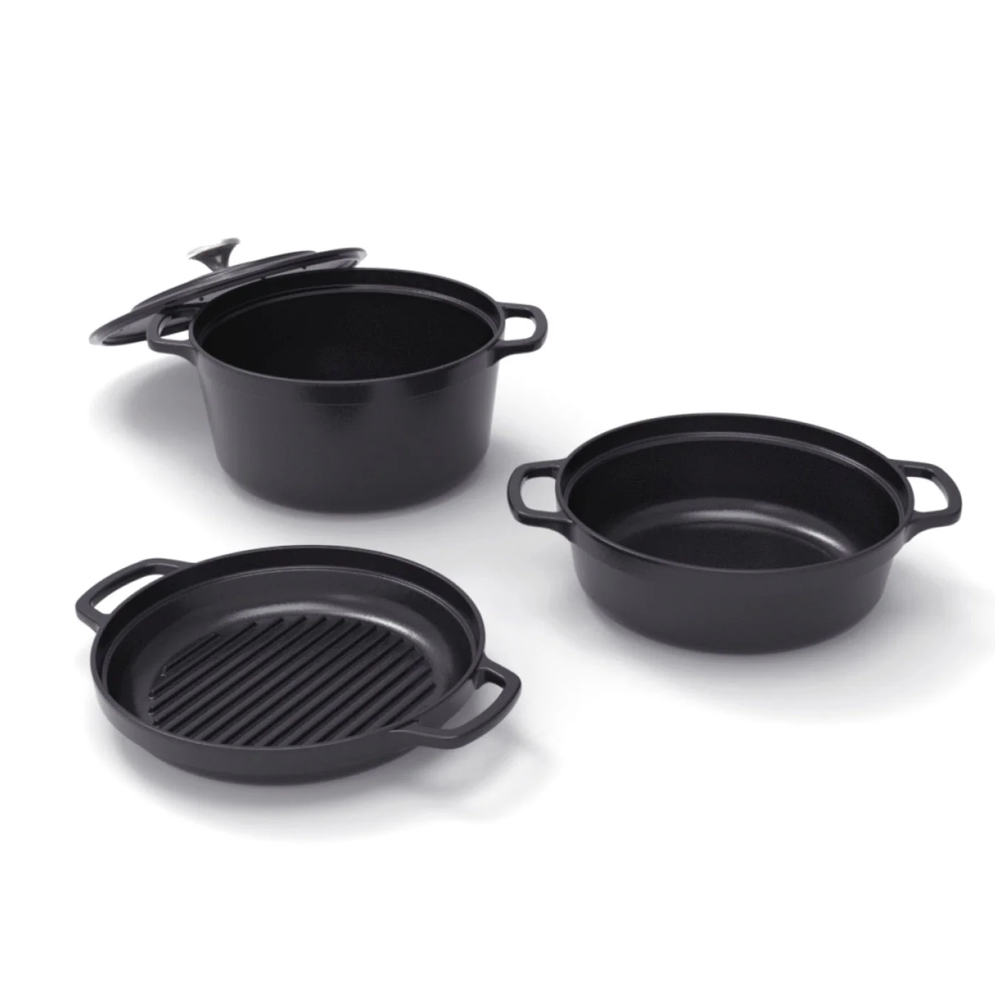Batterie De Cuisine Empilable En Fonte 4 Pièces (Cocotte + Sauteuse + Poêle Grill) + 4 Protections En Silicone - Noir - Image 3